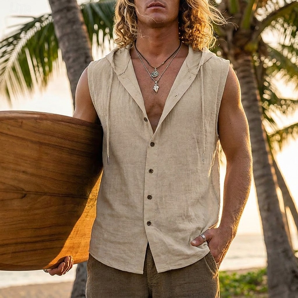 Herren Hemd Leinenhemd Sommerhemd Strandbekleidung Knopfhemd Kapuzenhemd Einfarbig Lässig Urlaub Blau Schwarz Weiß Gelb Ärmellos Mit Kapuze Sommer Frühling Bekleidung 2026 - $21.99 –P8