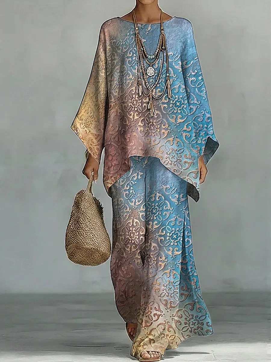 Women's Shirt Cotton Linen Sets Pants Sets Long Sleeve Bell Sleeve Round Neck Ombre Graphic Geometric Print Vacation Fashion Streetwear Casual Daily Outdoor Blue Rainbow Summer Loose Fit 2026 - $57.99 –P1