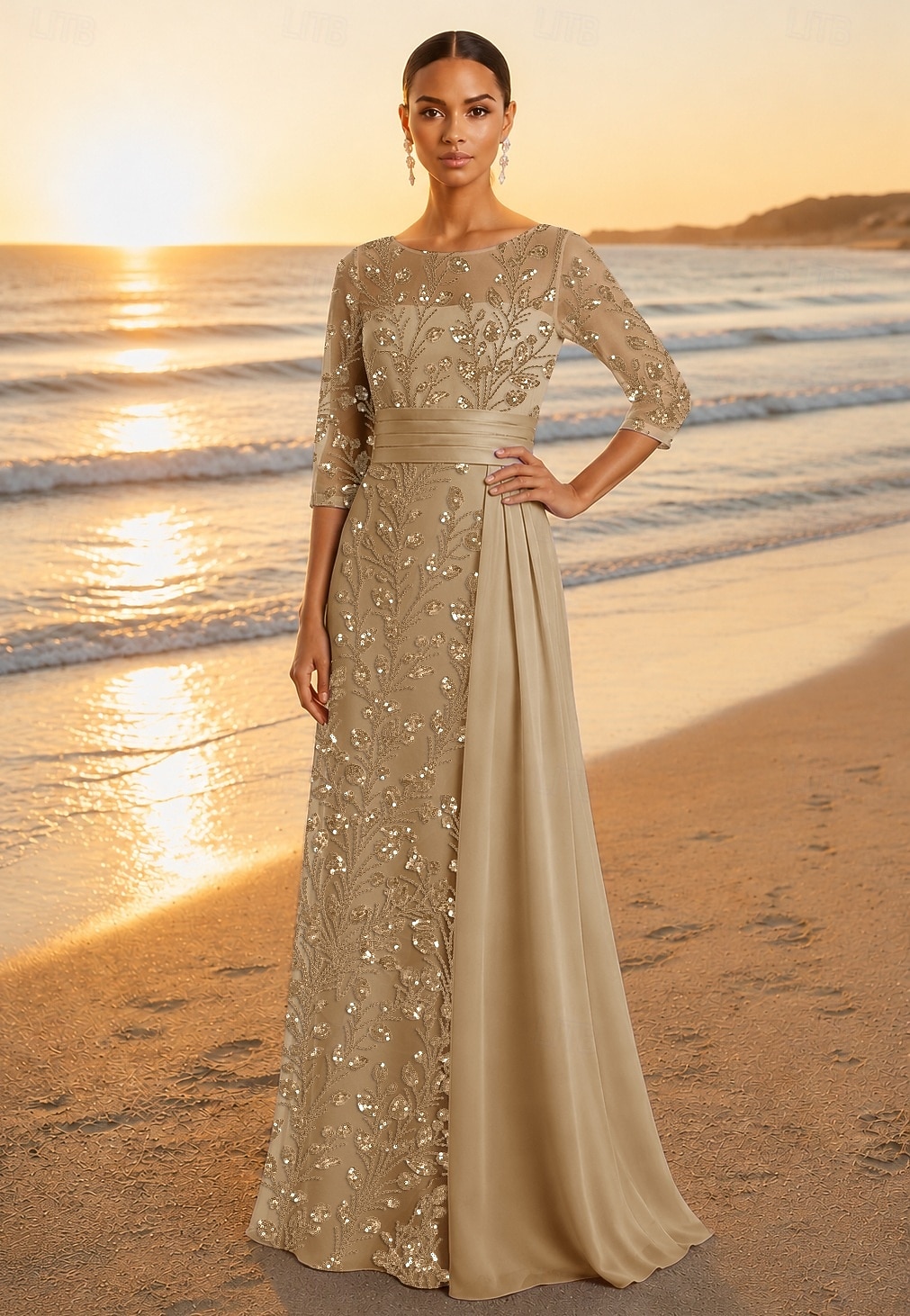 A-Linie Bodenlang Ballkleid mit Cape Abendkleid Elegant Glitzernd Glitzern Langarm Rundhalsausschnitt Abschlussball Hochzeit Satin Tüll mit Glitzer Paillette Perlenbestickt 2026 - $182.99 –P1