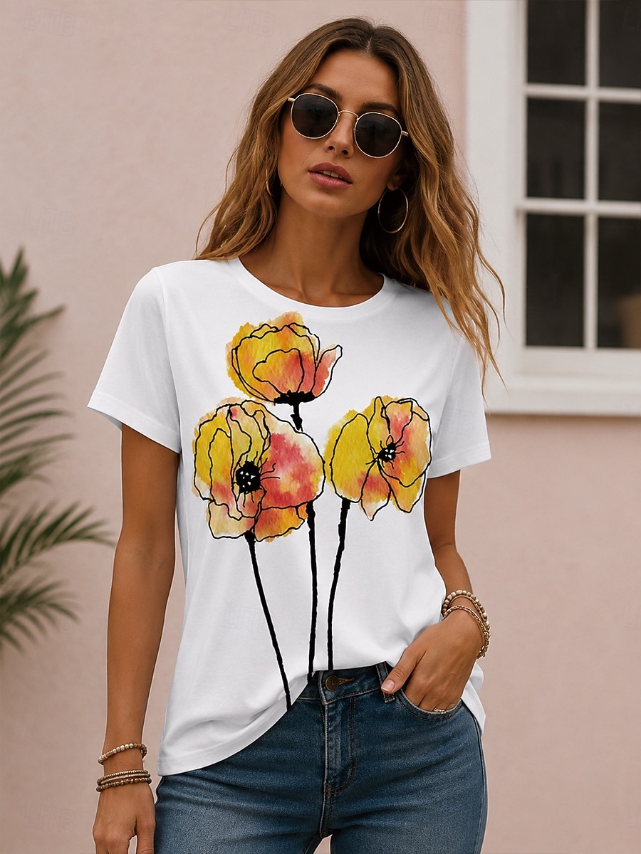 Women's T Shirt Print Floral Graphic Plants Bohemia Hawaiian Stylish Short Sleeve Crew Neck Round Neck Regular Tops Casual Daily White White 2 White 3 Summer Spring Fall Winter 2026 - $21.99 –P2