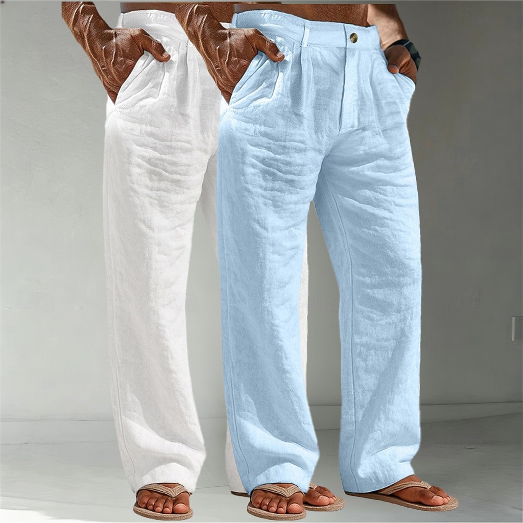 Voor heren Linnen broek Broek Zomerbroek Wijde broek Strandbroeken Zak Effen Comfort Ademend Volledige lengte Casual Dagelijks Buiten Vakantie Modieus Wit + kaki Bruin + Zwart Inelastisch 2026 - $45.99 –P4