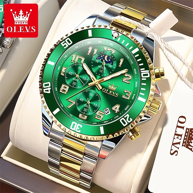 OLEVS Men's Chronograph Watch Luxury Green Face Two Tone Stainless Steel Moon Phase Waterproof Luminous Analog Quartz Wrist Watch for Men Big Face Fashion Sport Business Watch Gifts for Him 2026 - $39.99 –P1