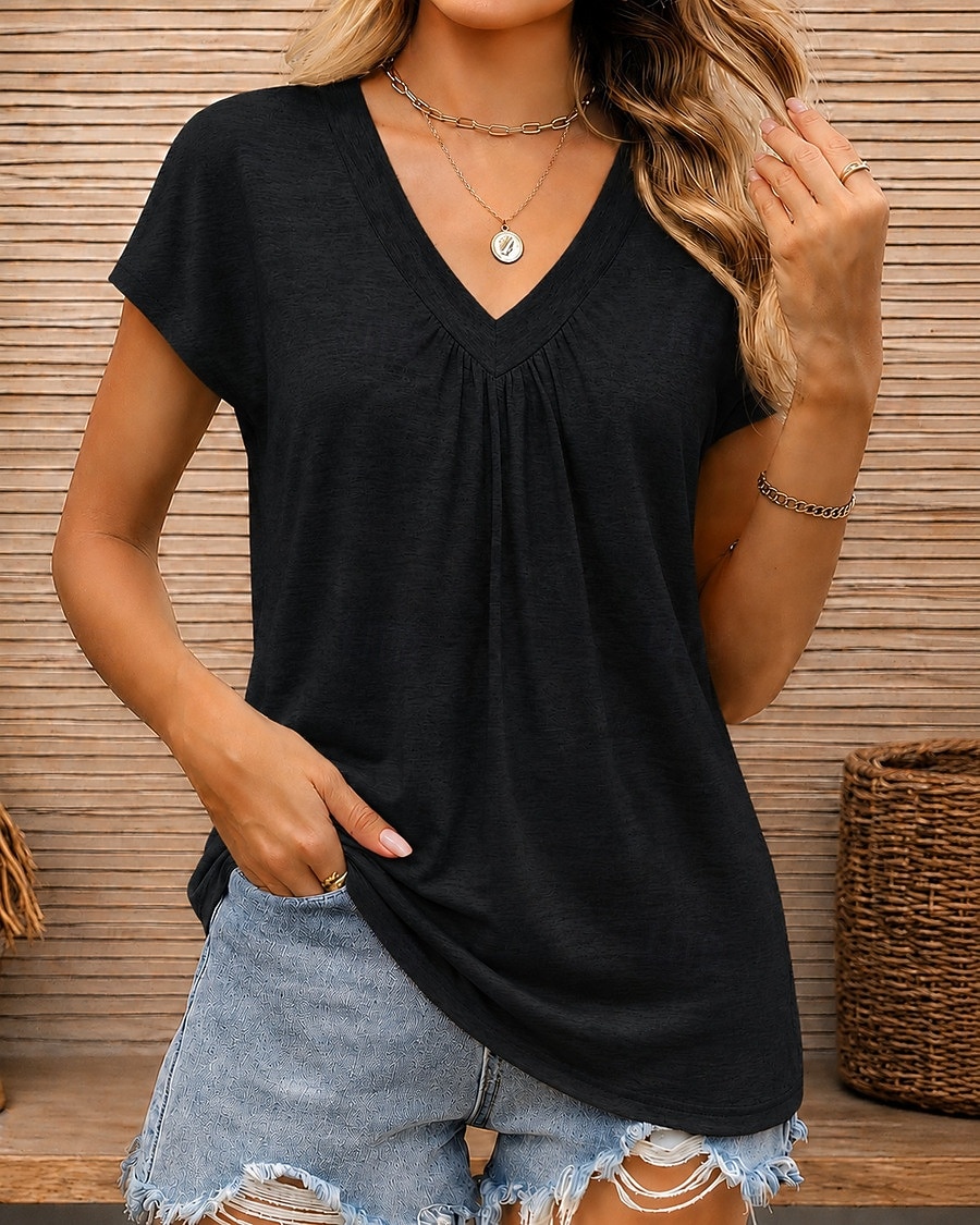 Dam T-shirt T-tröja Ensfärgat Elegant Mode Ledigt Kortärmad V-hals Crop Tops Ledigt Dagligen Sommar Vinrött Blågrön Svart Vit Rodnande Rosa Sommar Vår 2026 - $21.99 –P5