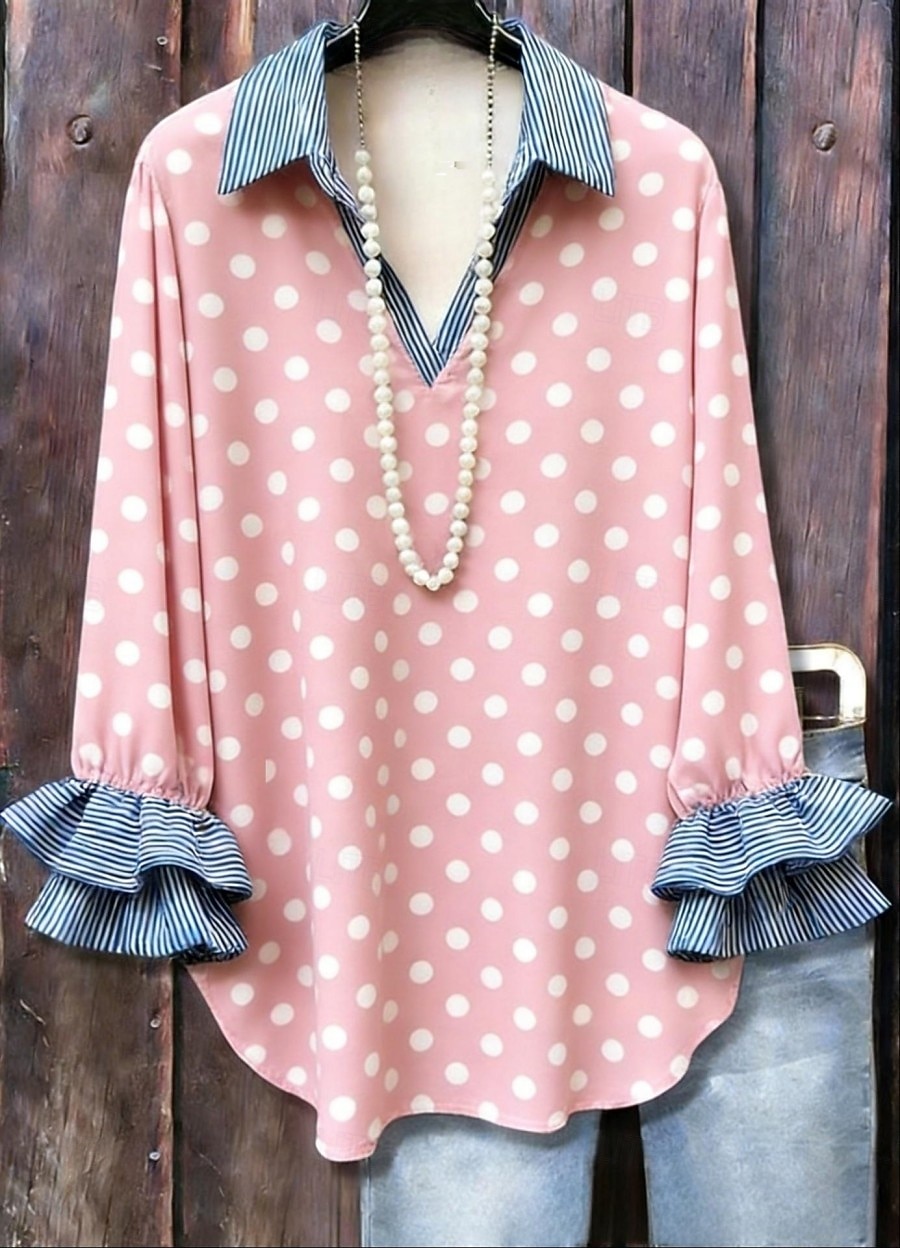 Damen Hemd Freizeithemd Rüsche Grafik Tupfen Farbblock Elegant Bohemien Aktiv Langarm Rüschenärmel V Ausschnitt Lange Oberteile Lässig Blau Rosa Orange Aprikose Sommer Frühling Herbst Winter 2026 - $36.99 –P2
