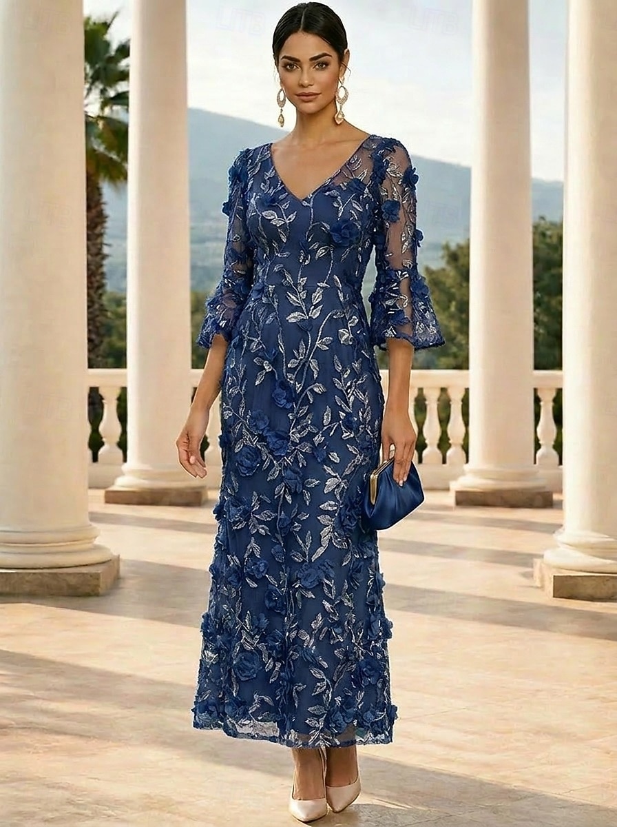 Sheath Column Ankle Length Lace Dress Mother of the Bride Dress Long Sleeve V Neck Elegant Sheath Column Ankle Length Lace Dress Mother of the Bride Dress Long Sleeve V Neck Elegant