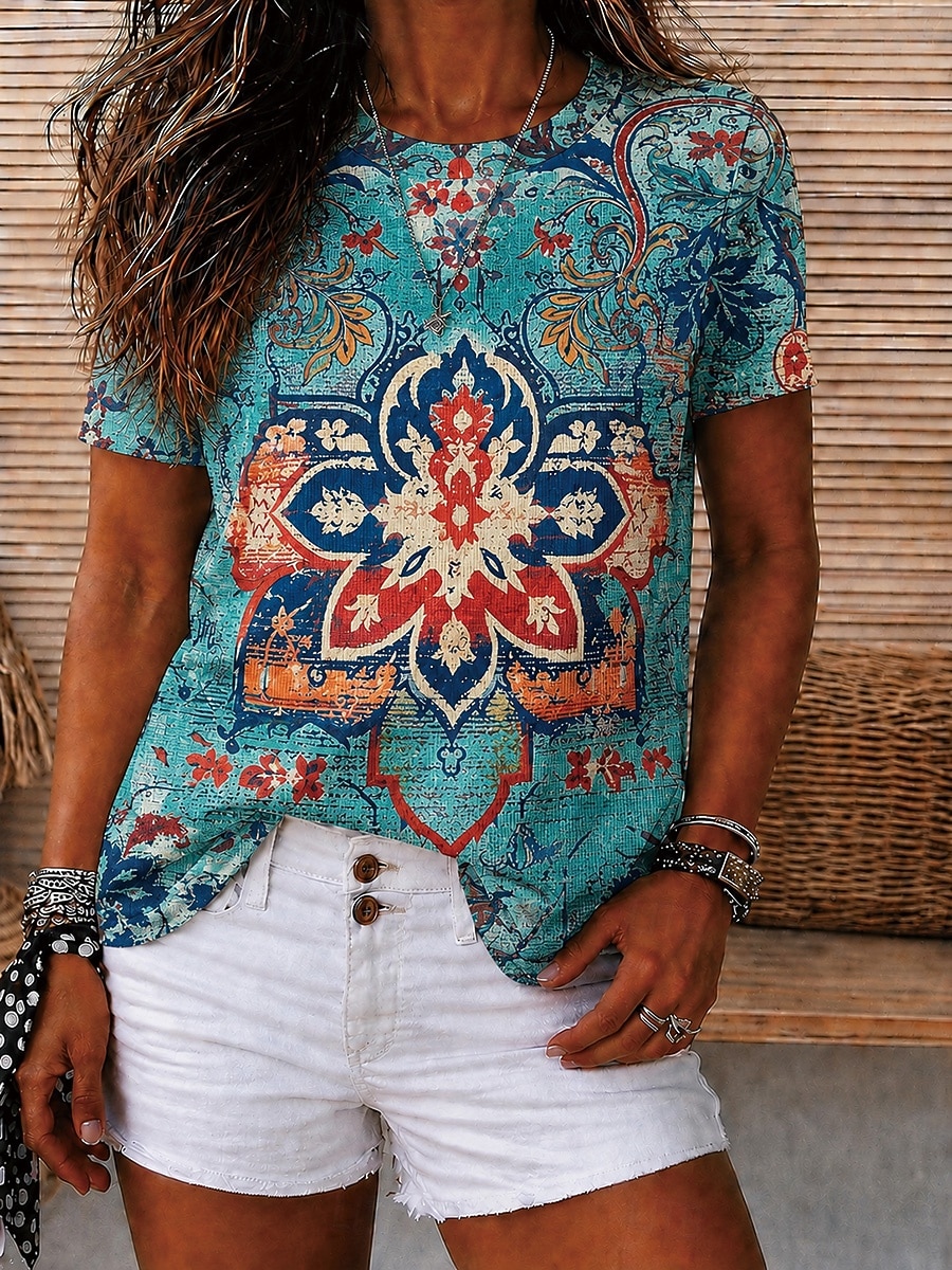 Damen T Shirt Druck Blumen Grafik Geometrisch Vintage Stilvoll Lässig Kurzarm Rundhalsausschnitt V Ausschnitt Rundhals Normale Oberteile Lässig Täglich Wochenende Braun Grün Sommer Frühling Herbst 2026 - $21.99 –P1