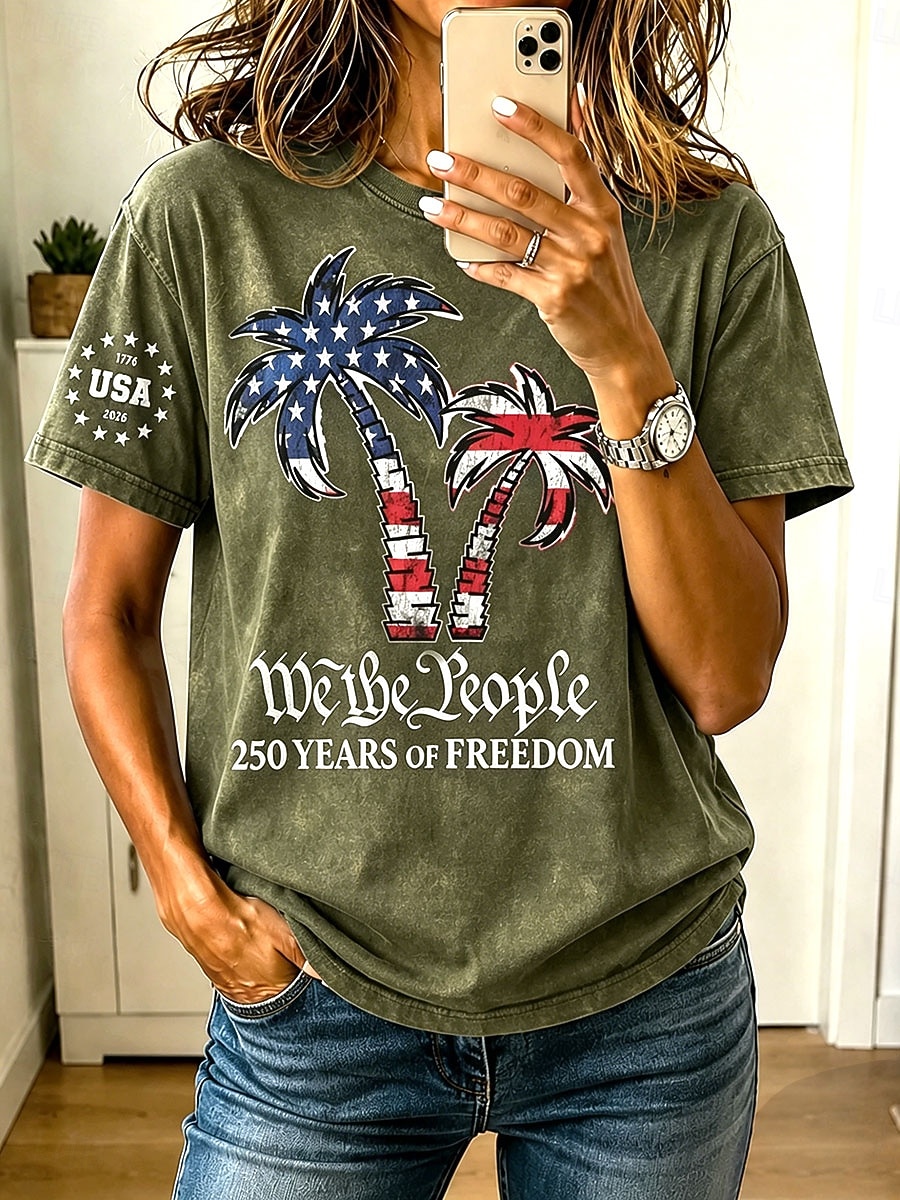 Amerikansk uavhengighetsdag Dame T skjorte Knapper Grafisk Flagg Planter Årgang Mote Stilfull Kortermet Crew-hals Vanlige topper Avslappet Daglig Blå Kakifarget Grønn Grå Sommer Vår 2026 - $33.99 –P3