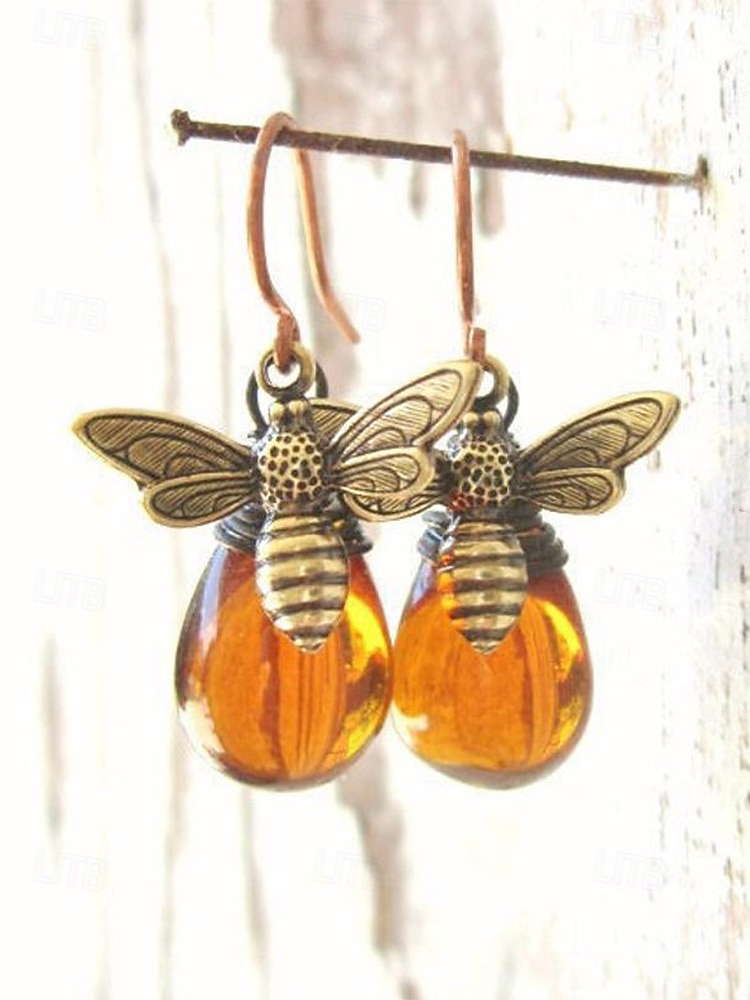 Dámské boho visací náušnice s čmelákem - vintage zlatá slitina &Žluté skleněné křišťálové visací náušnice s motivem včely medonosné pro letní dovolenou na pláži, každodenní nošení &unikátní dárek z 2026 - $7.99 –P6
