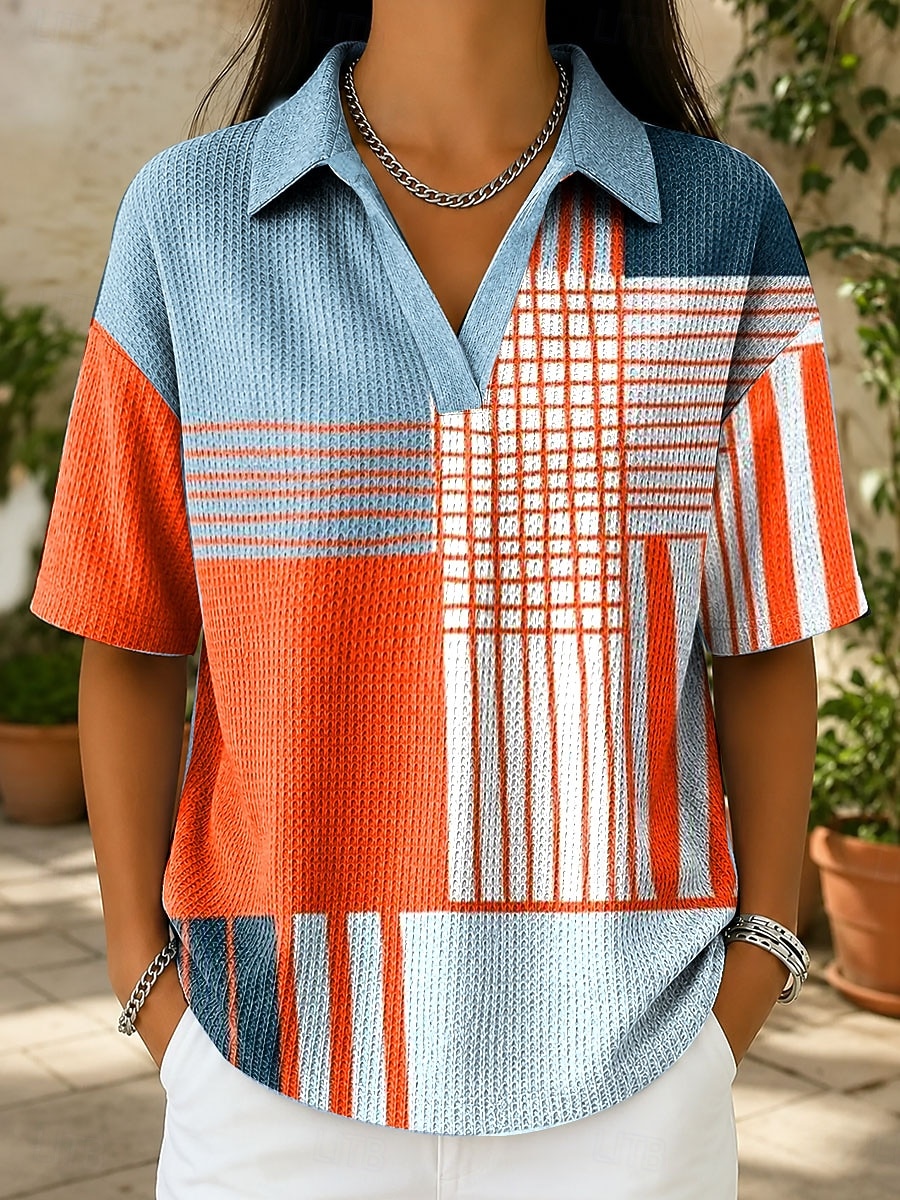 Women's Summer Tops Print Graphic Geometric Elegant Vintage Stylish Short Sleeve Shirt Collar Regular Tops Casual Daily Blue Pink Orange Summer Spring 2026 - $26.99 –P2