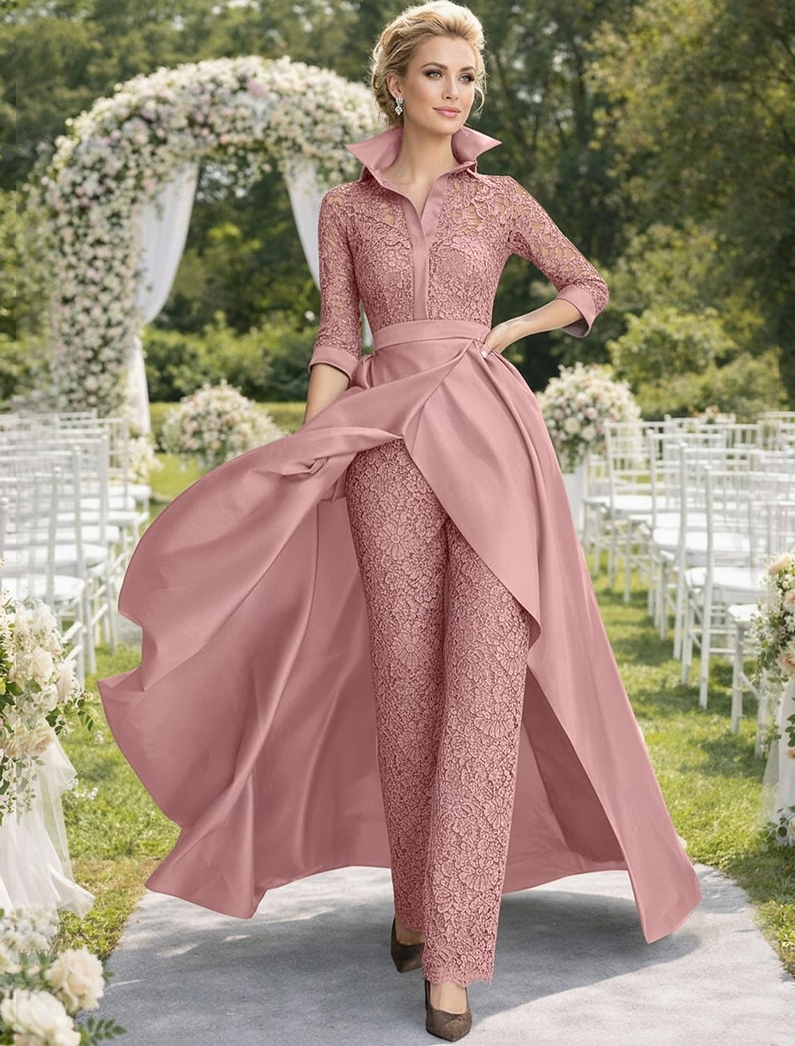 Pantaloni Lungime Podea Rochie Mama Miresei Lungime Manșon 3/4 Guler Cămașă Epocă Petrecere Oficial Invitat la nunta Seară Formală Satin Dantelă cu Ruching 2026 - $206.99 –P10