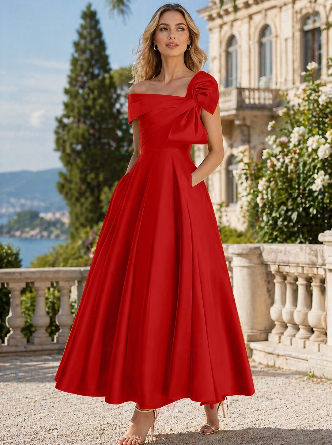 A-Line Ankle Length Cocktail Dresses Party Dresses Elegant Silky Short Sleeve One Shoulder Wedding Formal Pink Dress Satin with Bow(s) 2026 - $149.99 –P12
