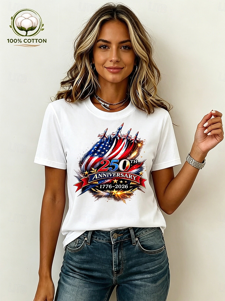 Amerikansk uavhengighetsdag Dame 100% قطن T skjorte Trykt mønster Grafisk Bokstaver Amerikansk flagg Årgang Stilfull Fritid Kortermet Crew-hals Vanlige topper Avslappet Daglig Helg Blå Svart Hvit 2026 - $24.99 –P5