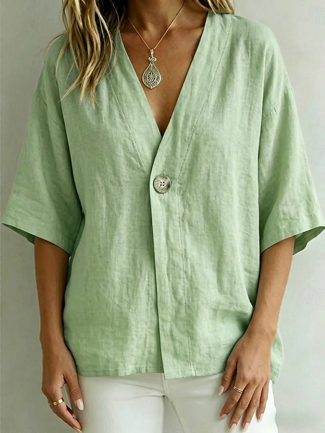 Women's Shirt Blouse Plain Bohemia Half Sleeve V Neck Regular Tops Blue White Pink Brown Green Summer Spring 2026 - $27.99 –P4