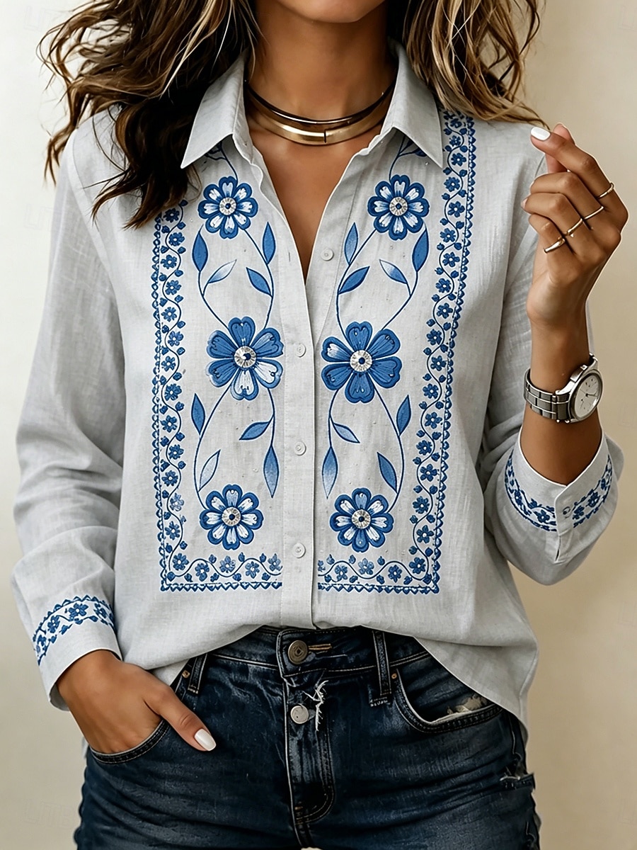 Women's Shirt Blouse Ruched Patchwork Embroidered Floral Graphic Vintage Casual Long Sleeve Shirt Collar Regular Tops Casual Daily Blue White Pink Gray Summer Spring Fall Winter 2026 - $32.99 –P3