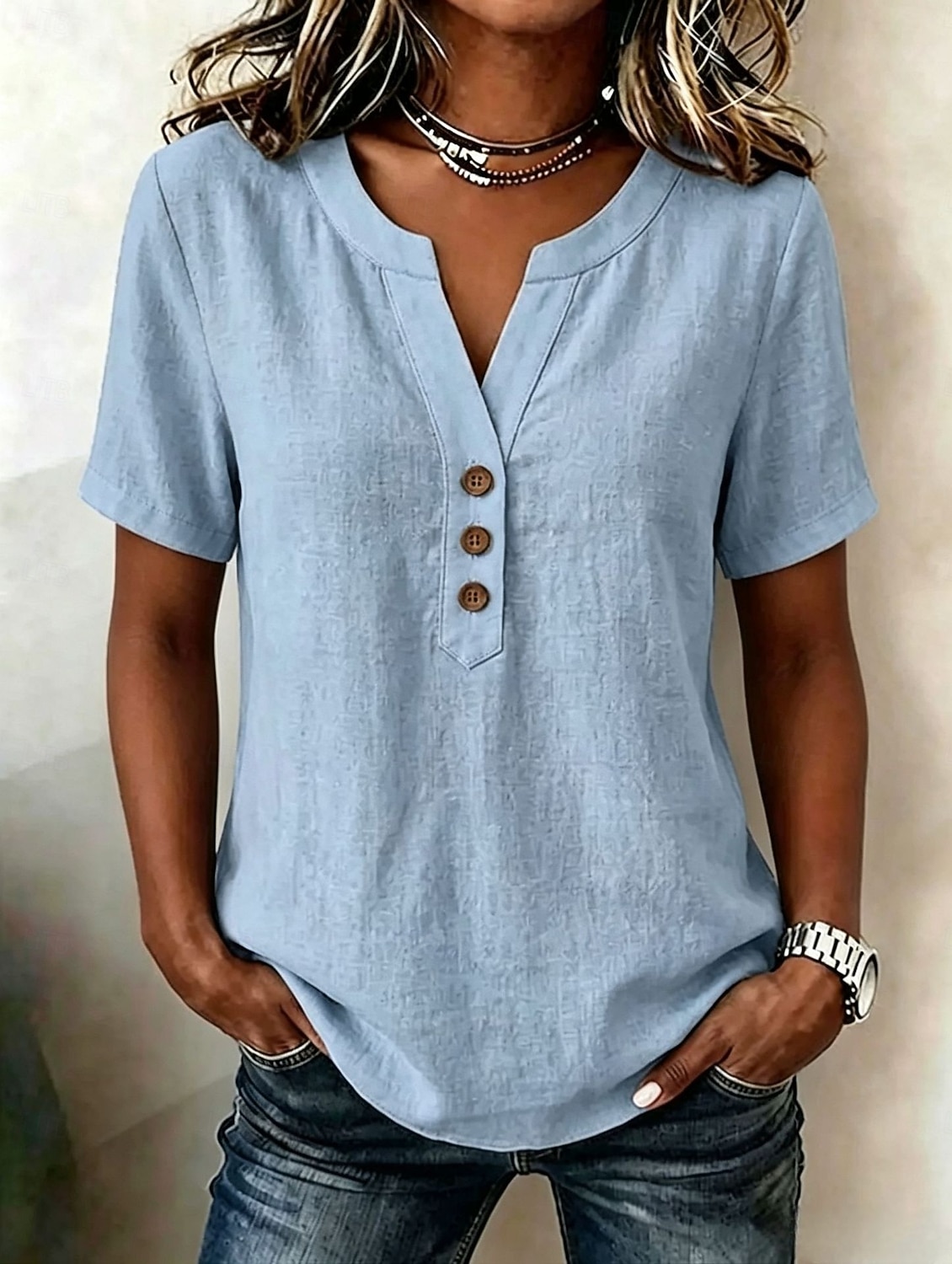 Damen Bluse Einfarbig Vintage Stilvoll Basic Kurzarm V Ausschnitt Normale Oberteile Lässig Täglich Blau Khaki Rosa Dunkelgrün Sommer Frühling 2026 - $27.99 –P2