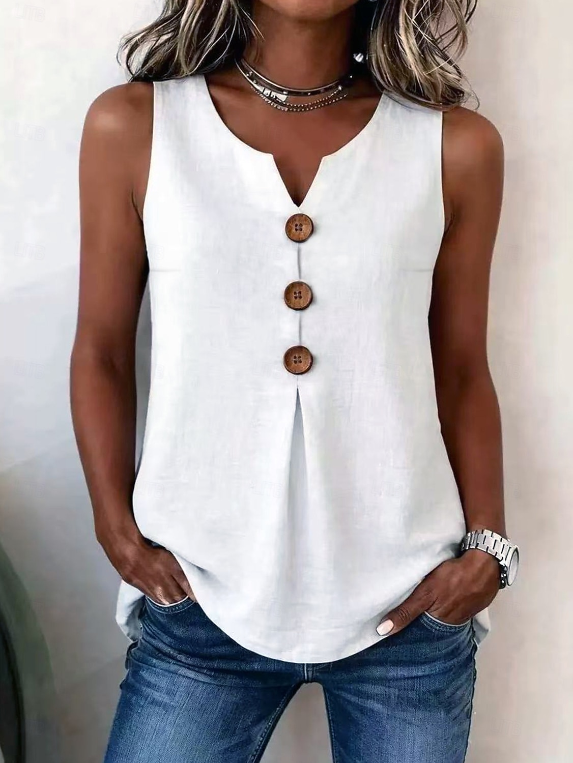 Women's Shirt Sleeveless Blouses Solid Color Elegant Sleeveless V Neck Regular Tops Daily Beach Light Blue Orange-red Black White Apricot Summer Spring 2026 - $24.99 –P5