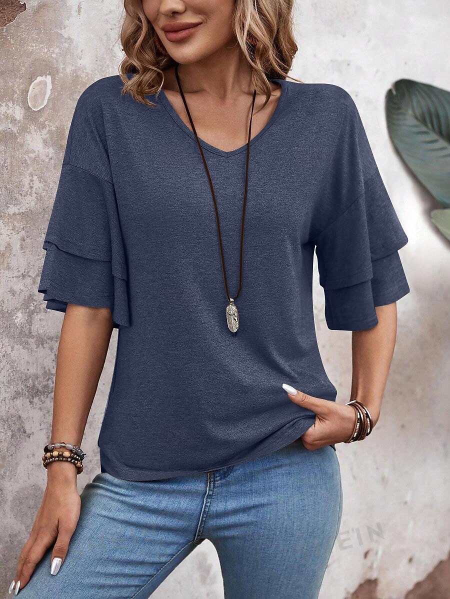 Femmes T-shirt Élégant Manche Courte Manche Volants Col en V Hauts Réguliers Occasionnel Noir Blanche Rose Claire bleu marine Chameau Été Printemps de 2026 ? $26.99 –P7