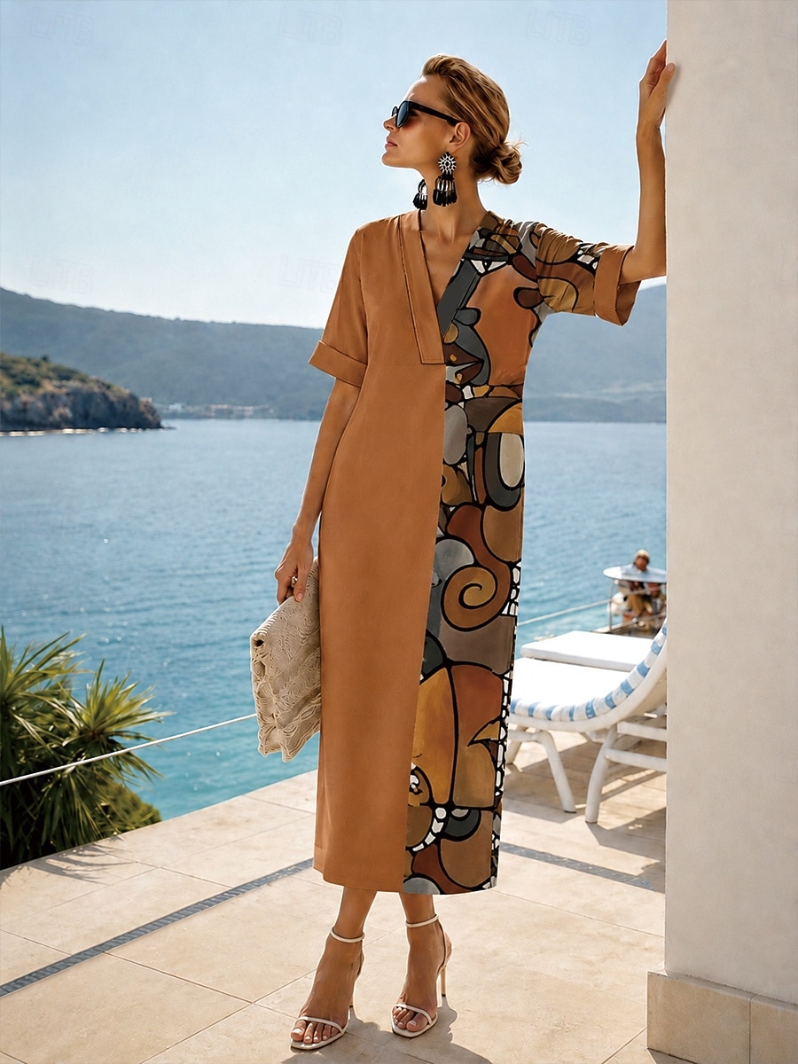 Damen Midikleid Hemdblusenkleid Sommerkleid Vintage-Kleid Abendkleid Elegant Urlaub Vintage Ellbogenärmel Heim Arbeit Strand Normale Passform Grafik Abstrakt Kurzarm V Ausschnitt Gelb Sommer Frühling 2026 - $37.99 –P1