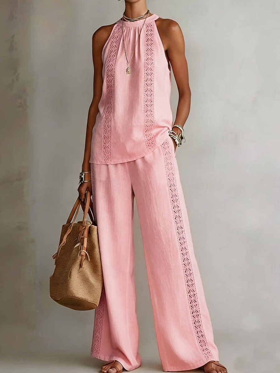 Women's Two Piece Sets T Shirt Pants Sets Sleeveless Halter Neck Plain Basic Casual Daily Vacation White Yellow Pink Summer Loose Fit 2026 - $37.99 –P3