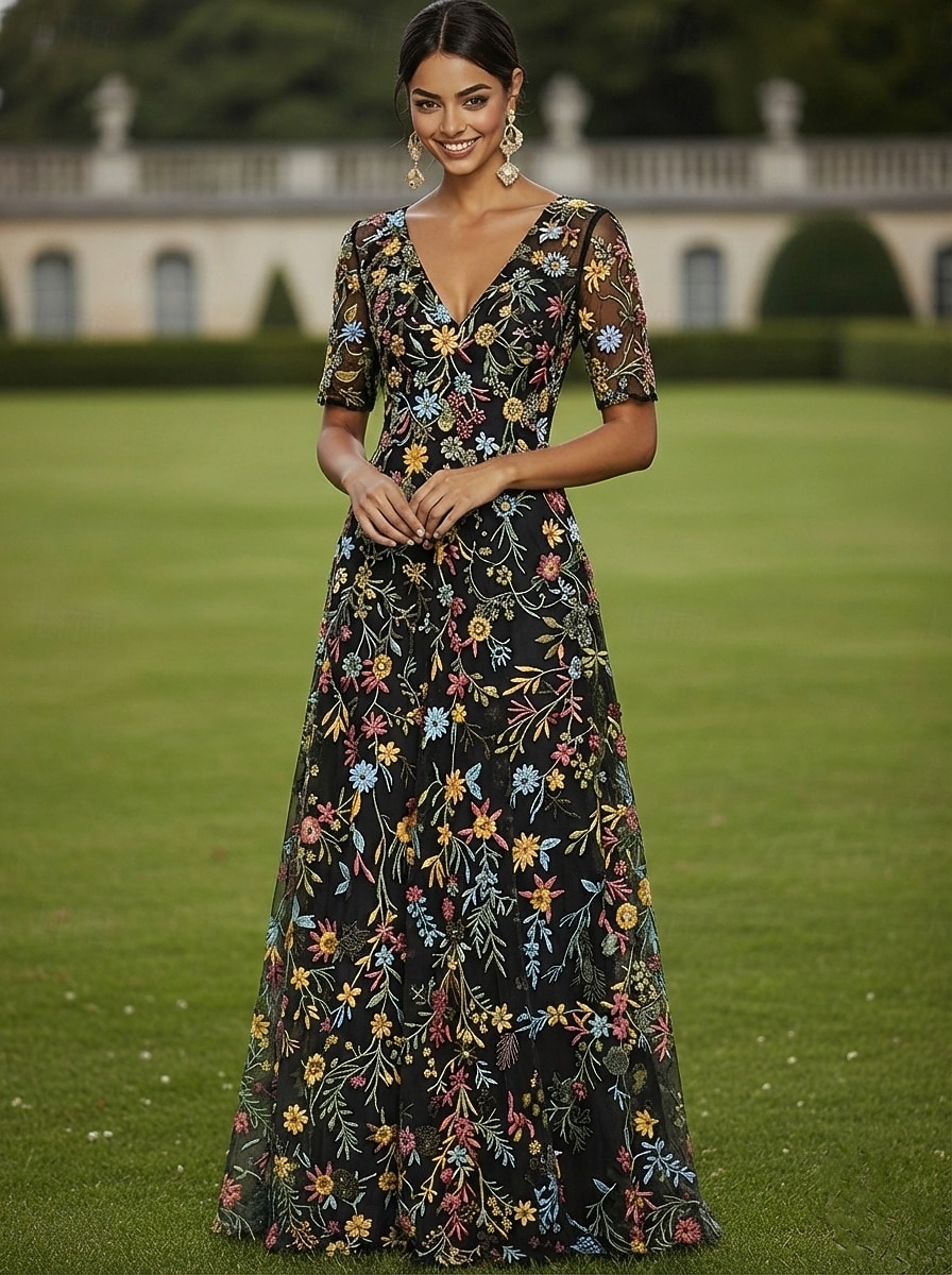 Corte A Vestidos Hasta el Suelo Vestido de Fiesta Vestido Cóctel Vestido de Madrina Media Manga Escote en Pico Elegante Vintage Lujoso Formal Invitado a la boda El derby de Kentucky Tul con Estampado 2026 - $182.99 –P10