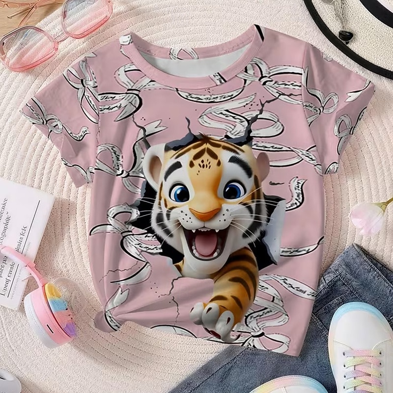 2026年 女の子 3D グラフィック レオパード Tシャツ Ｔシャツ 半袖 3Dプリント 夏 春 スポーツ ファッション ストリートファッション 子供 5〜12年 クルーネック カジュアル 日常 アウトドア レギュラー  コレクション – $13.49 –P10