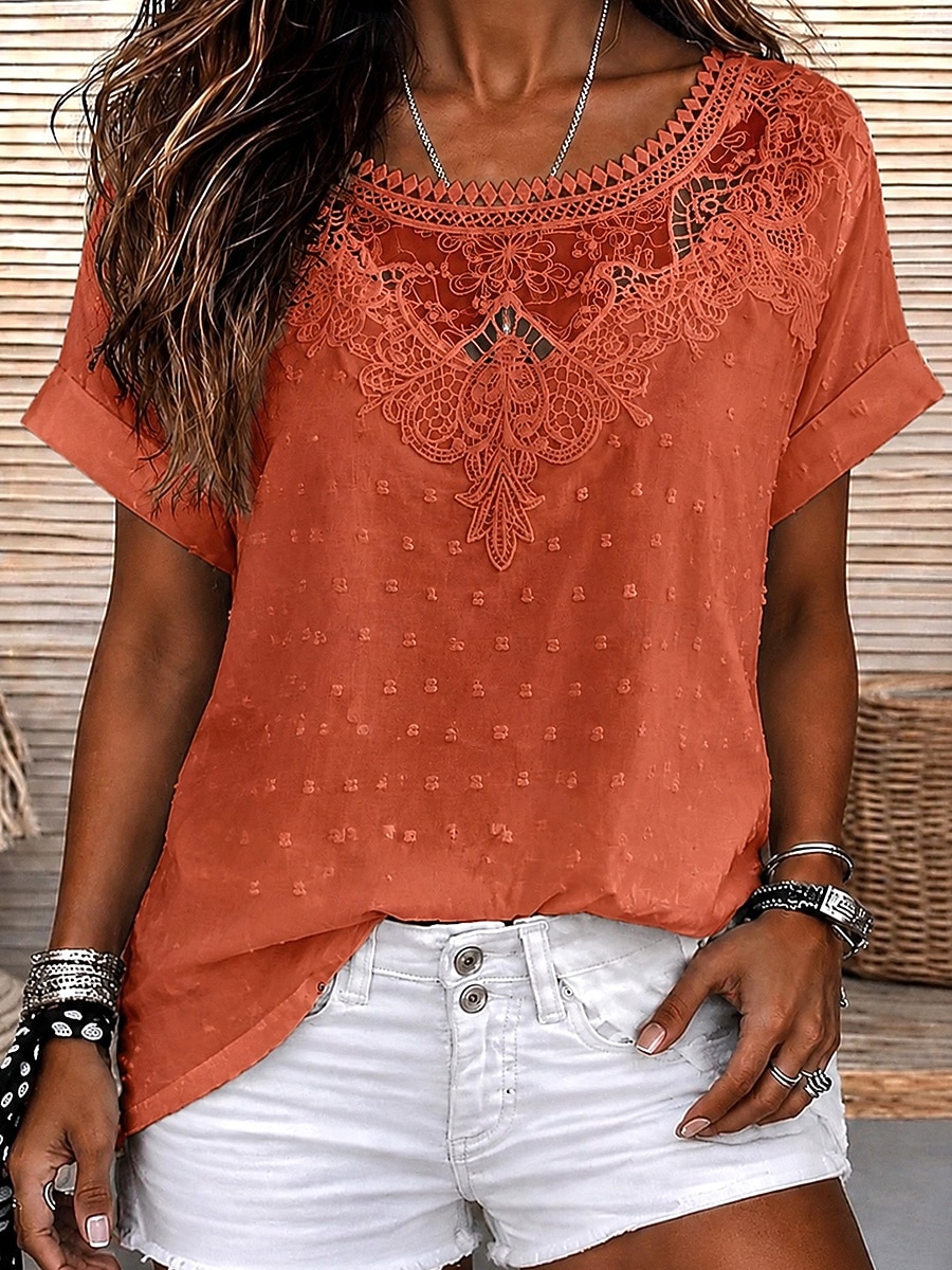 Per donna Camicia Camicia Boho Camicia di Pizzo Pizzo Elegante Bohemien Vacanza Manica Corta Top lunghi Casuale Bianco Blu marino Arancione Estate Primavera del 2026 a $21.99 –P5
