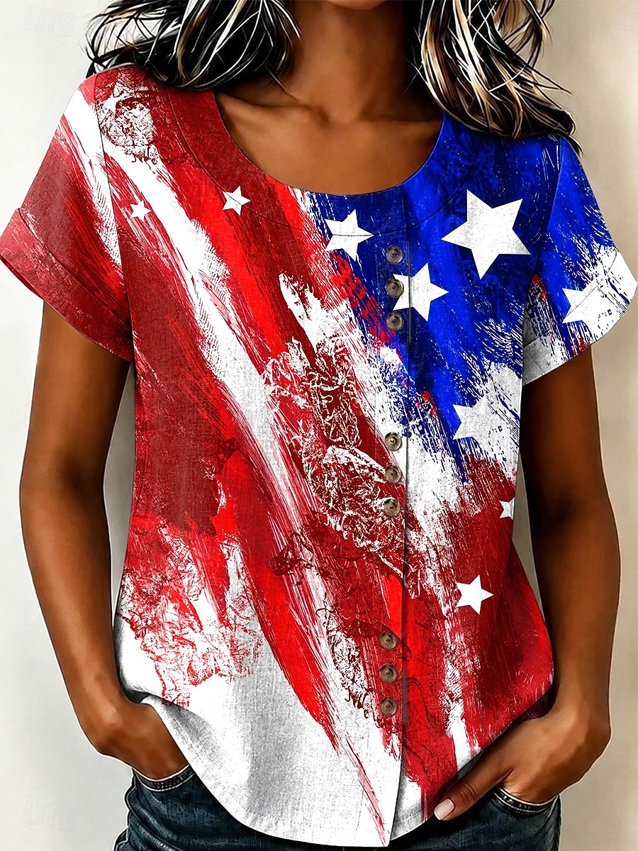 American Independence Day Women's Blouse Buttons Print Floral Graphic Vintage Tropical Stylish Short Sleeve Crew Neck Long Tops Casual Holiday Blue + Red Black Red Summer Spring 2026 - $25.99 –P4