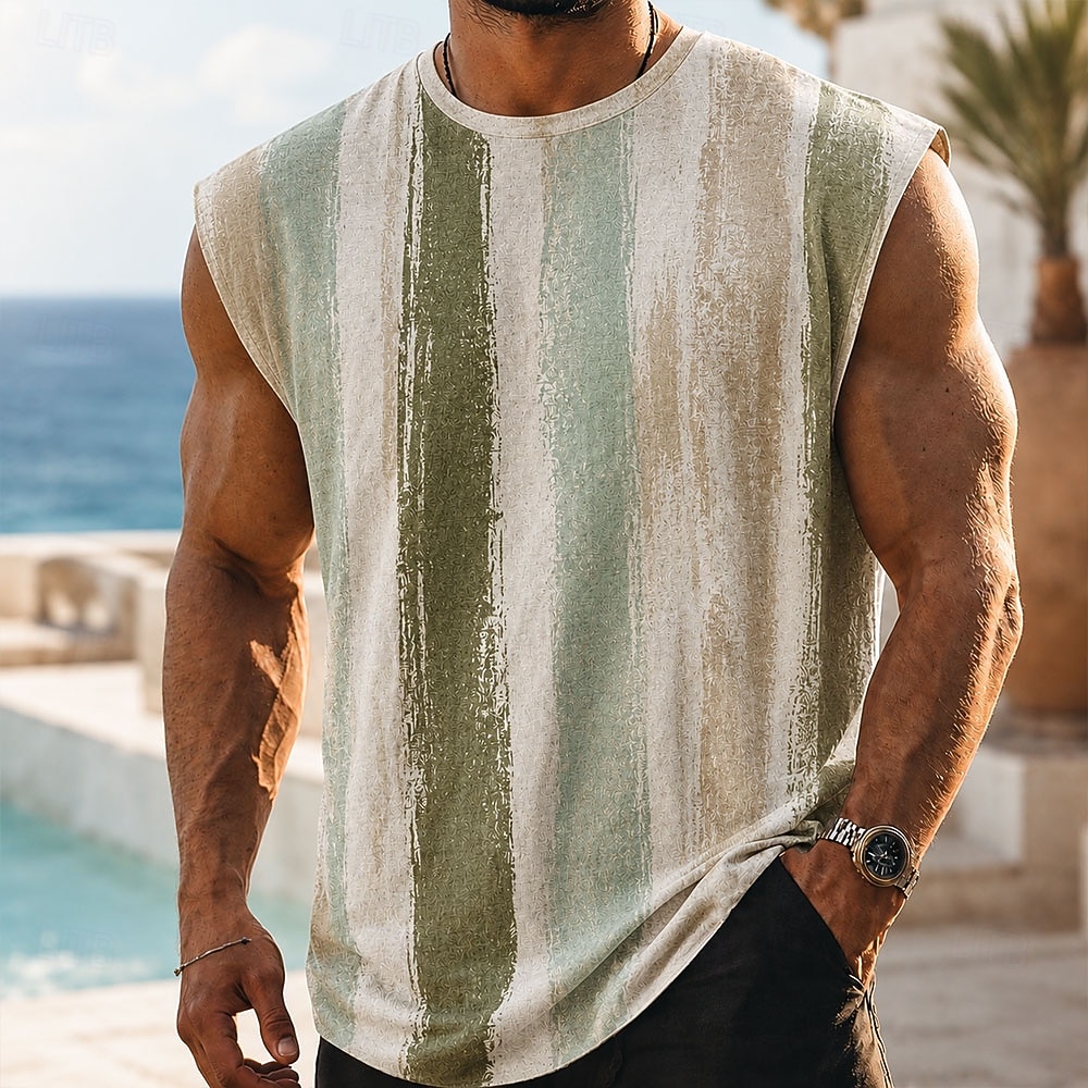 Men's Boho Striped Undershirt Sleeveless T shirt 3D Print Crew Neck Shirt Vacation Tropical Fashion Daily Holiday Green 1# Green 2# Green 3# Spring & Summer Clothing Apparel S M L XL 2XL 3XL 2026 - $17.99 –P3
