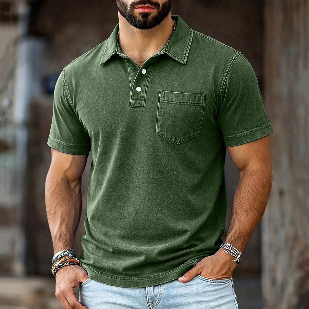 SoftFade™ Men's Polo Shirts 100% Cotton Acid Wash Shirt Casual Holiday Lapel Short Sleeve Fashion Basic Plain Vintage Plain Summer Spring Regular Fit Dark Brown Black Light Green Pink Navy Blue 2026 - $35.99 –P4