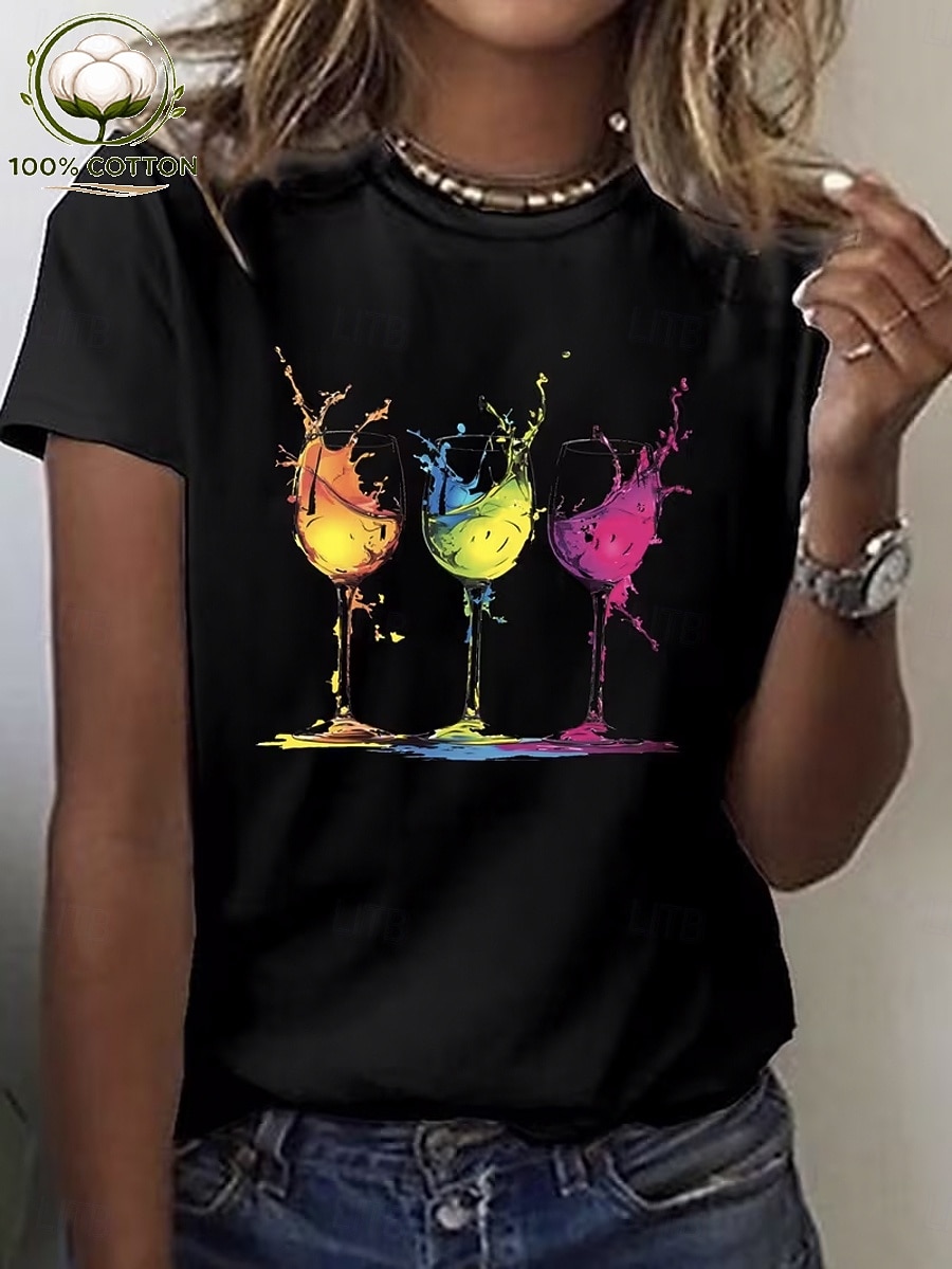 Damen T Shirt Baumwollhemd Druck Grafik Weinglas Lässig Kurzarm Rundhalsausschnitt Rundhals Lange Oberteile Lässig Täglich Schwarz Weiß Sommer Frühling 2026 - $21.99 –P1