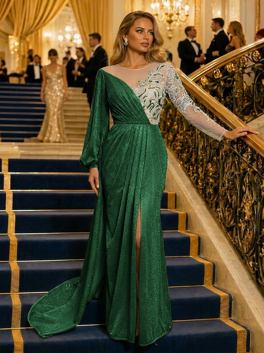 Sirena Tromba Strascico da Corte Abito da Sera Abito da ballo con sopragonna Abito formale Elegante Manica Lunga Scollo Illusione Formale Con Paillettes con Pieghe Paillettes del 2026 a $206.99 –P12