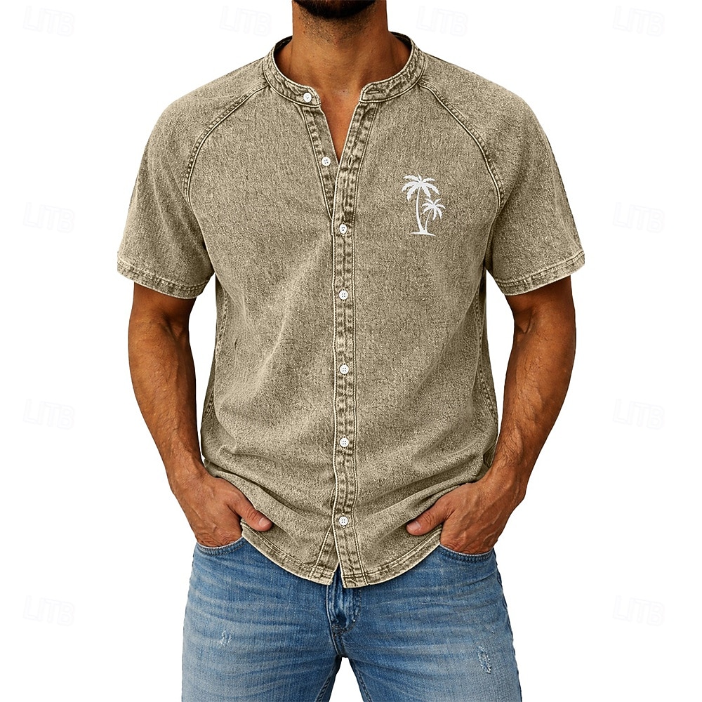 Men's Shirt Casual Shirt Button Up Shirt Garment Dyed Acid Wash Shirt Light Green Pink khaki Gray Light Blue Short Sleeve Plain Grandad Collar Casual Daily Clothing Apparel Elegant Fashion Casual 2026 - $31.99 –P7