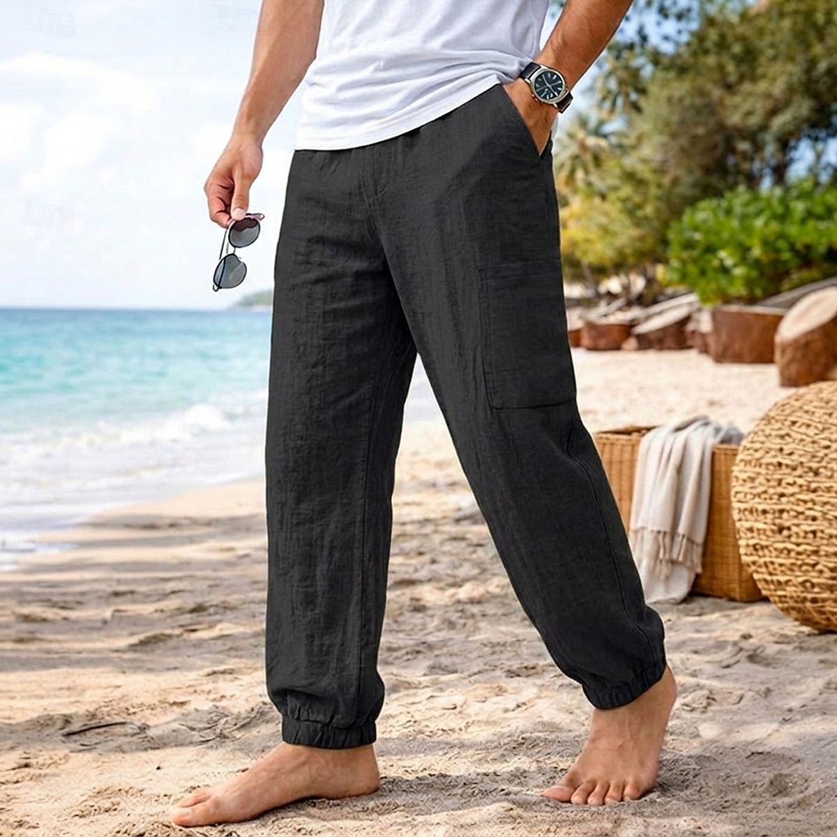 Bărbați Pantaloni de in Pantaloni Pantaloni de vară Manșetă Elastică Simplu Confort Respirabil Lungime totală Casual Zilnic Plajă Vacanță Modă Kaki Negru Inelastic 2026 - $26.99 –P6