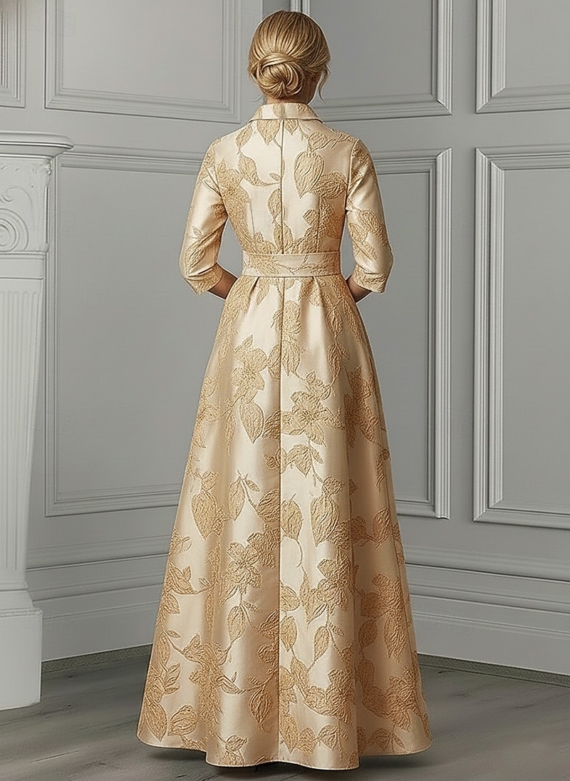 A-linje Gulvlengde Skjortekjole Formell kjole Aftenkjole Kjole til brudens mor 3/4 ermer Skjortekrage Elegant Minimalistisk Formell Bryllupsgjest Semi-formelt Jacquard med Belte / bånd 2026 - $194.99 –P3