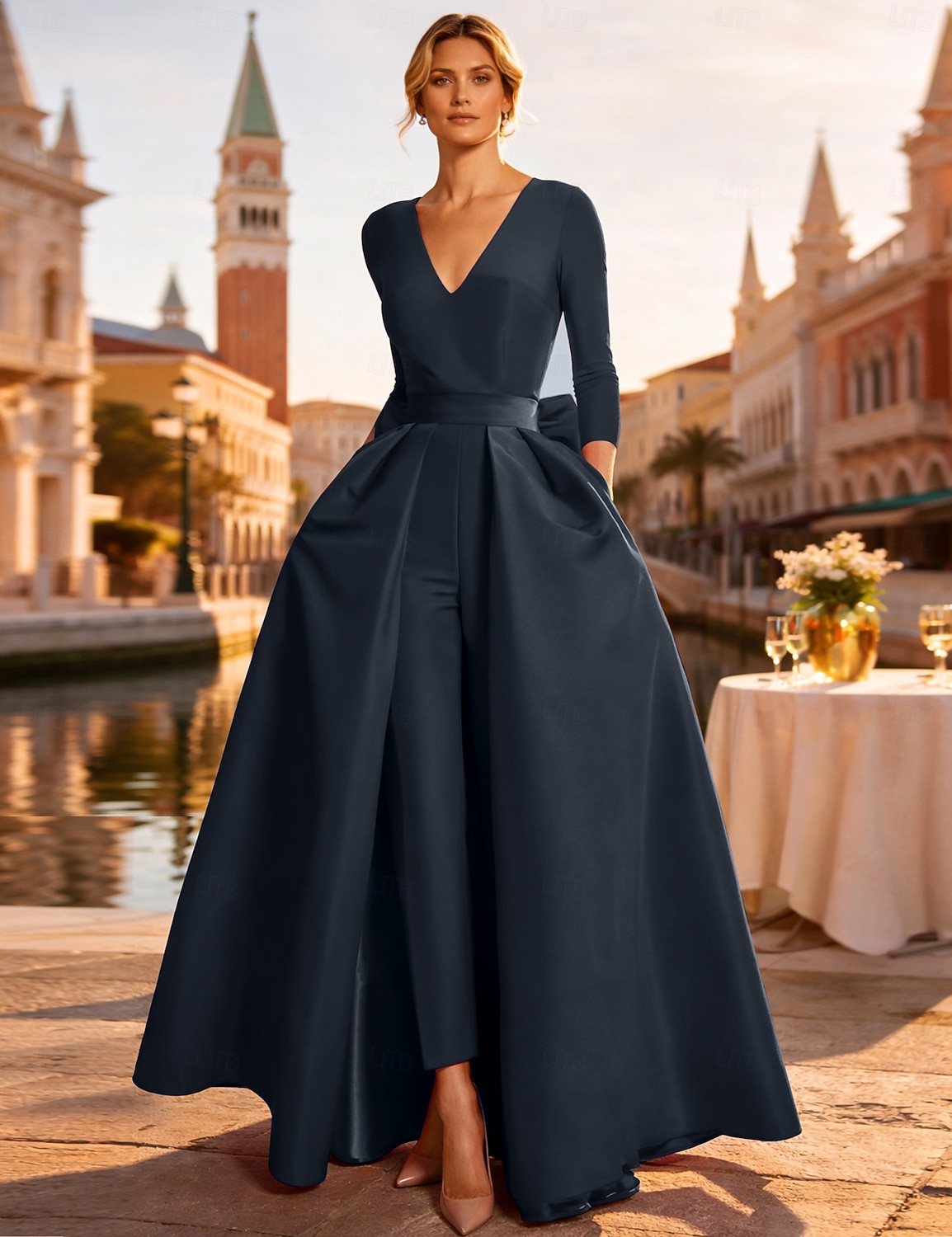 Dos Piezas Mono Hasta el Suelo Desmontable Vestidos de noche Elegante Manga Larga Escote en Pico Boda Invitado a la boda Bolsillo Tejido elástico con Mariposa 2026 - $160.99 –P15