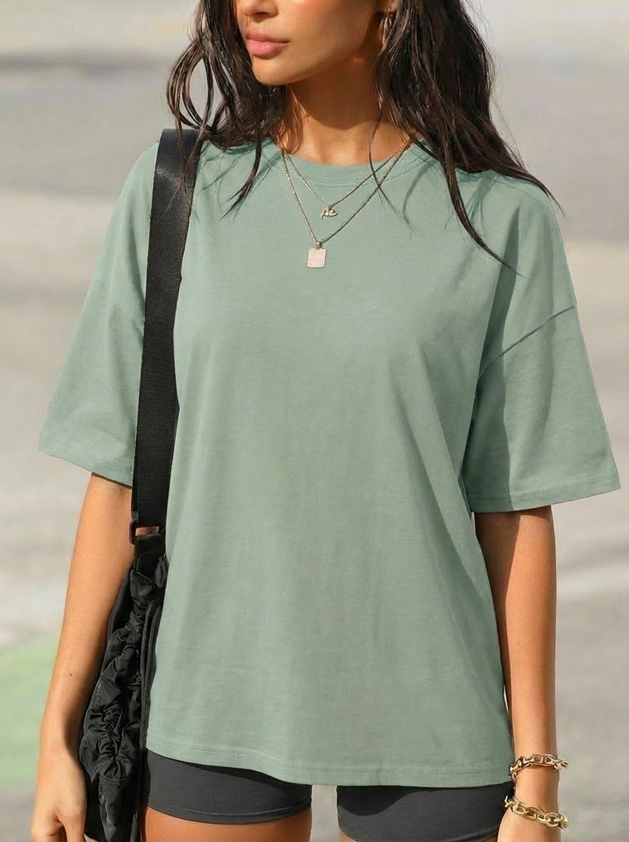 Per donna 100% cotone Maglietta Tinta unica Elegante Casual Manica Corta Girocollo Top Regolari Quotidiano Sportivo Uscire Cachi Rosa intenso Verde primavera Nero Bianco Estate Primavera del 2026 a $19.99 –P8