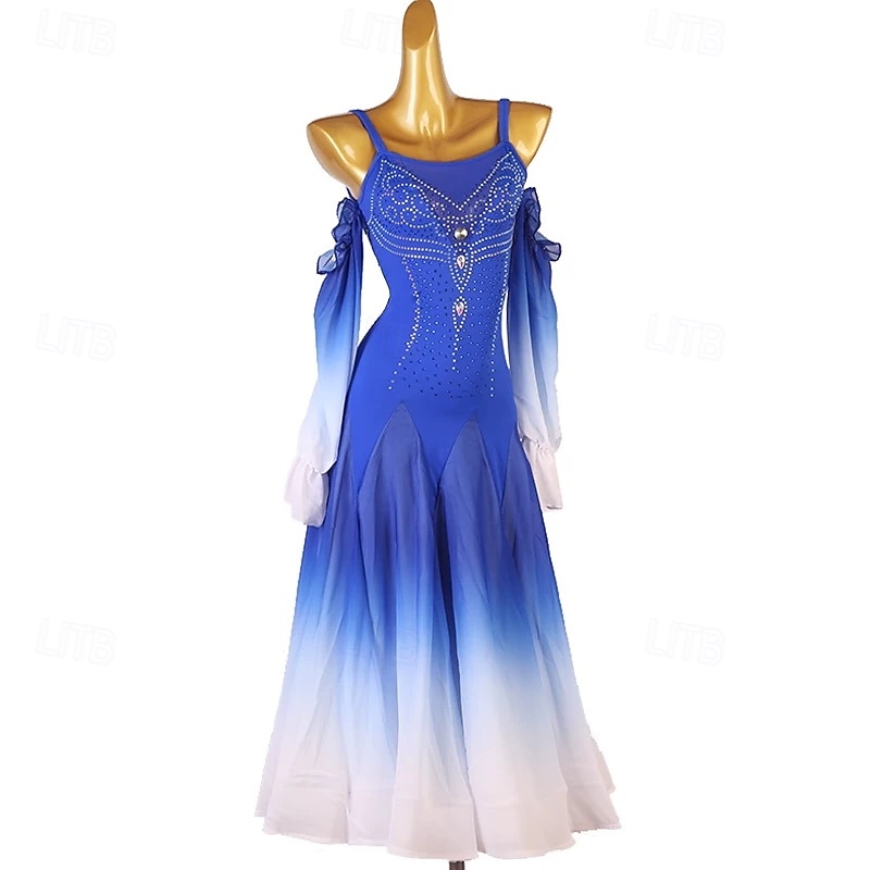 Royal Blue Ombré Ballroom Dance Competition Dress - Rhinestone Cold Shoulder Waltz Standard Dance Gown 2026 - $226.89 –P3