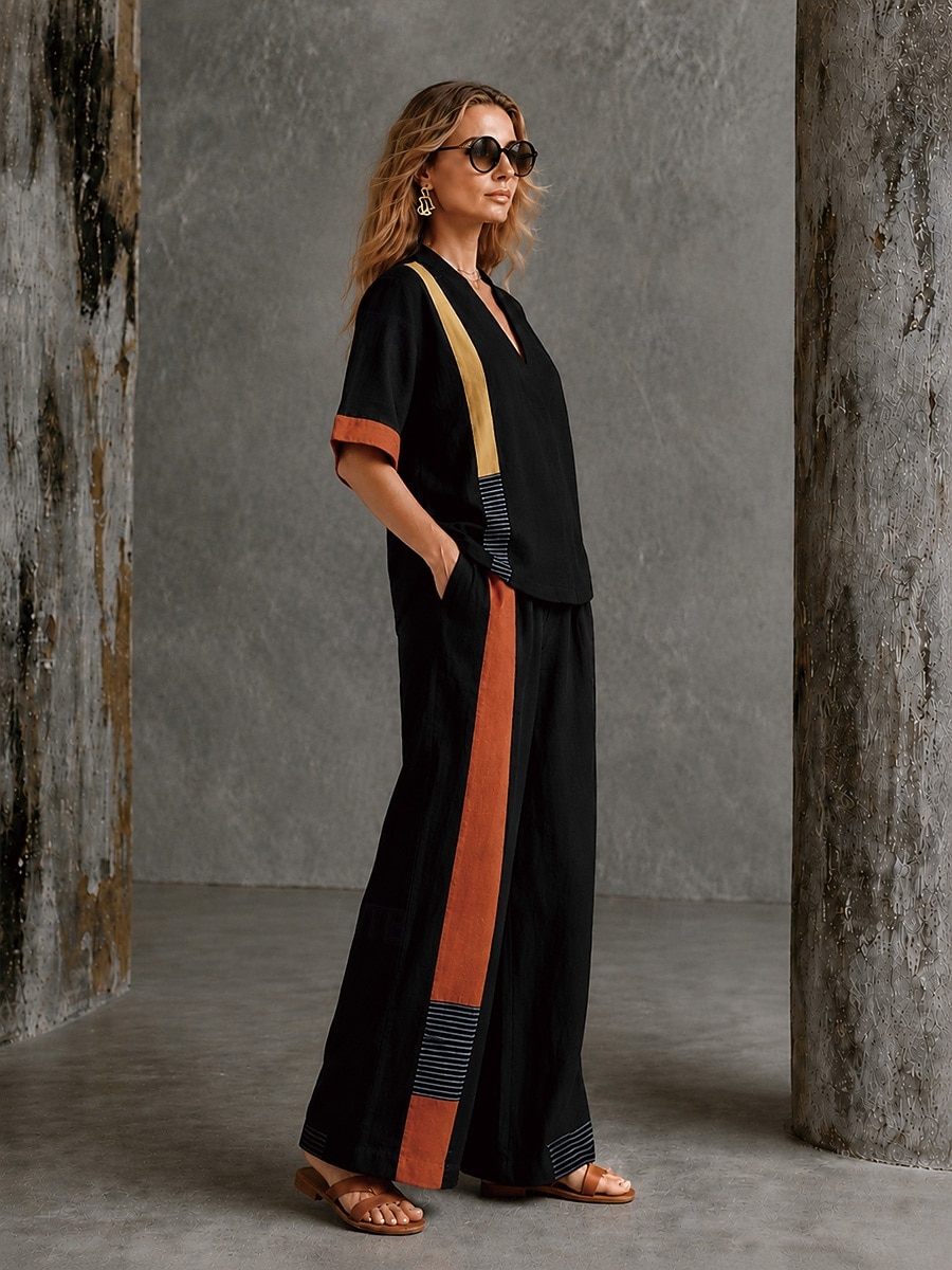 Damskie Koszula Komplety lniane bawełniane Zestawy spodni Krótki rękaw W serek Kwiaty Graficzny Geometryczny Nadruk Urlop Moda Moda miejska Codzienny Na zewnątrz Plaża Czarny Wiosna i lato Luźna 2026 - $55.99 –P3