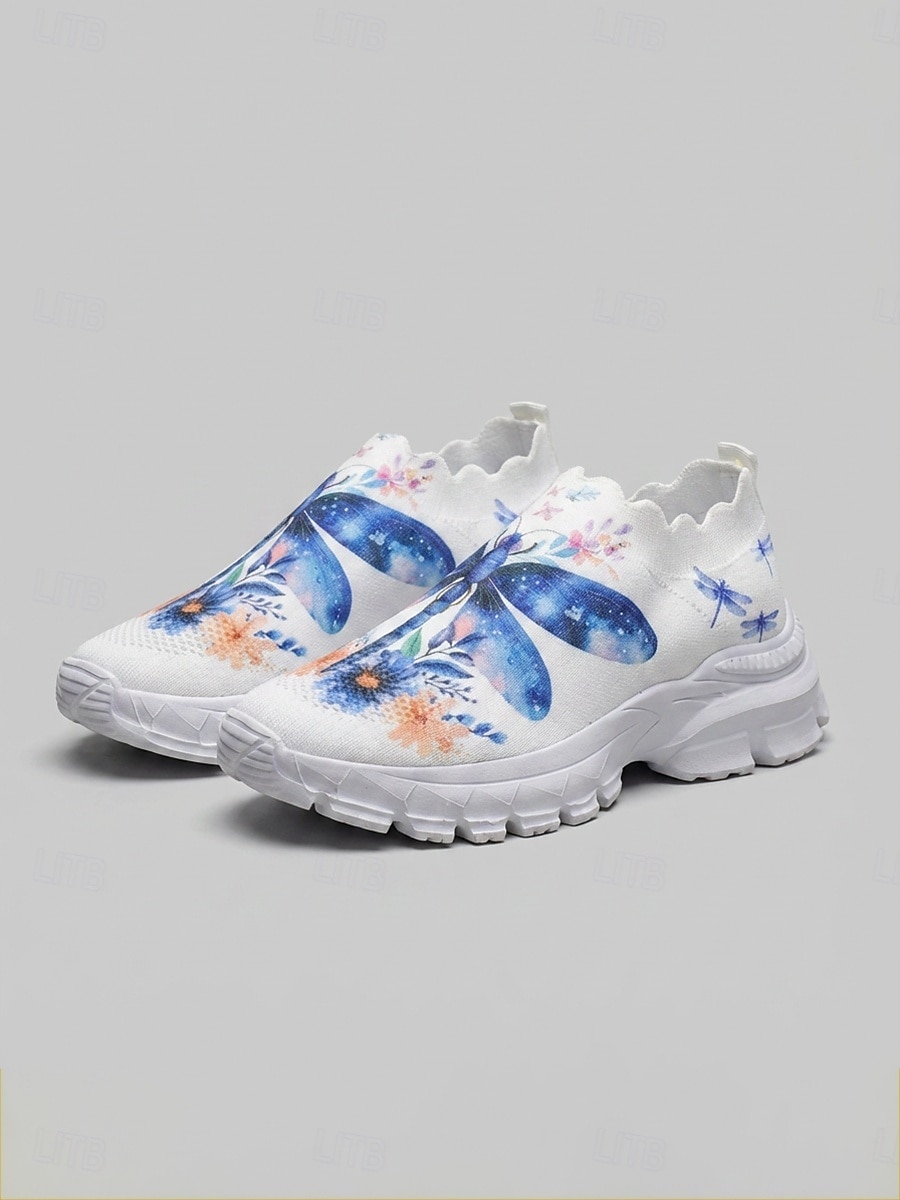 Γυναικεία μπλε slip-on αθλητικά παπούτσια με τύπωμα λιβελούλας - ογκώδη, casual παπούτσια, αναπνεύσιμα υποδήματα για καθημερινή χρήση, γυμναστήριο, περπάτημα &ταξίδι 2026 - $26.99 –P4