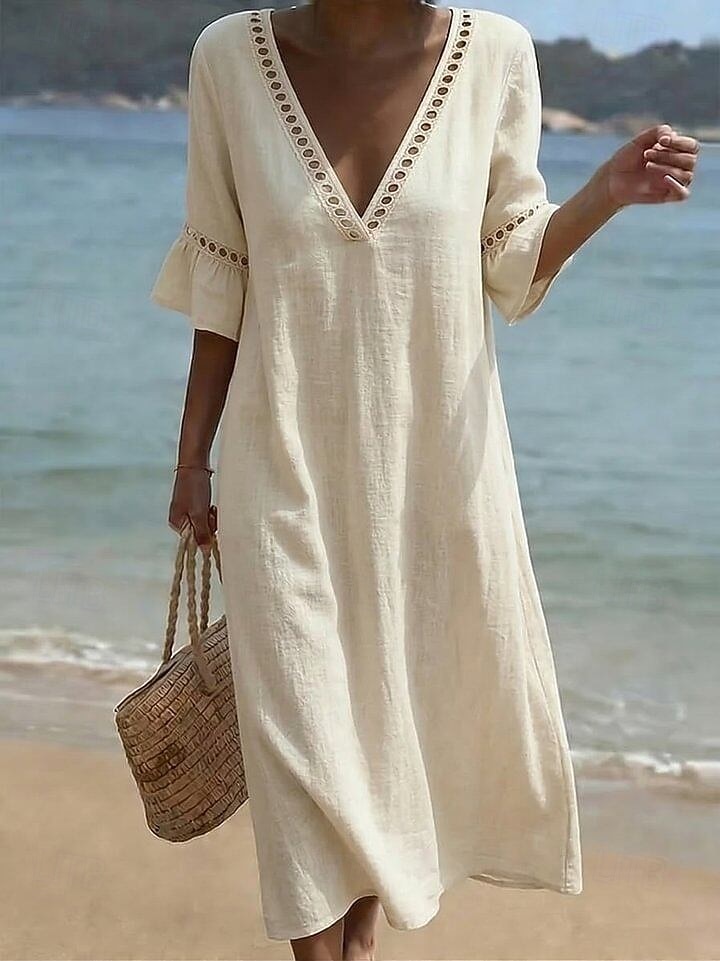 Mulheres Vestido midi Vestidos Para o Verão Elegante Férias Manga Princesa Praia Ajuste Largo Côr Sólida Meia Manga Decote mergulhador Azul Claro Branco Champanhe Verde Claro Verão Primavera de 2026 por $26.99 –P1
