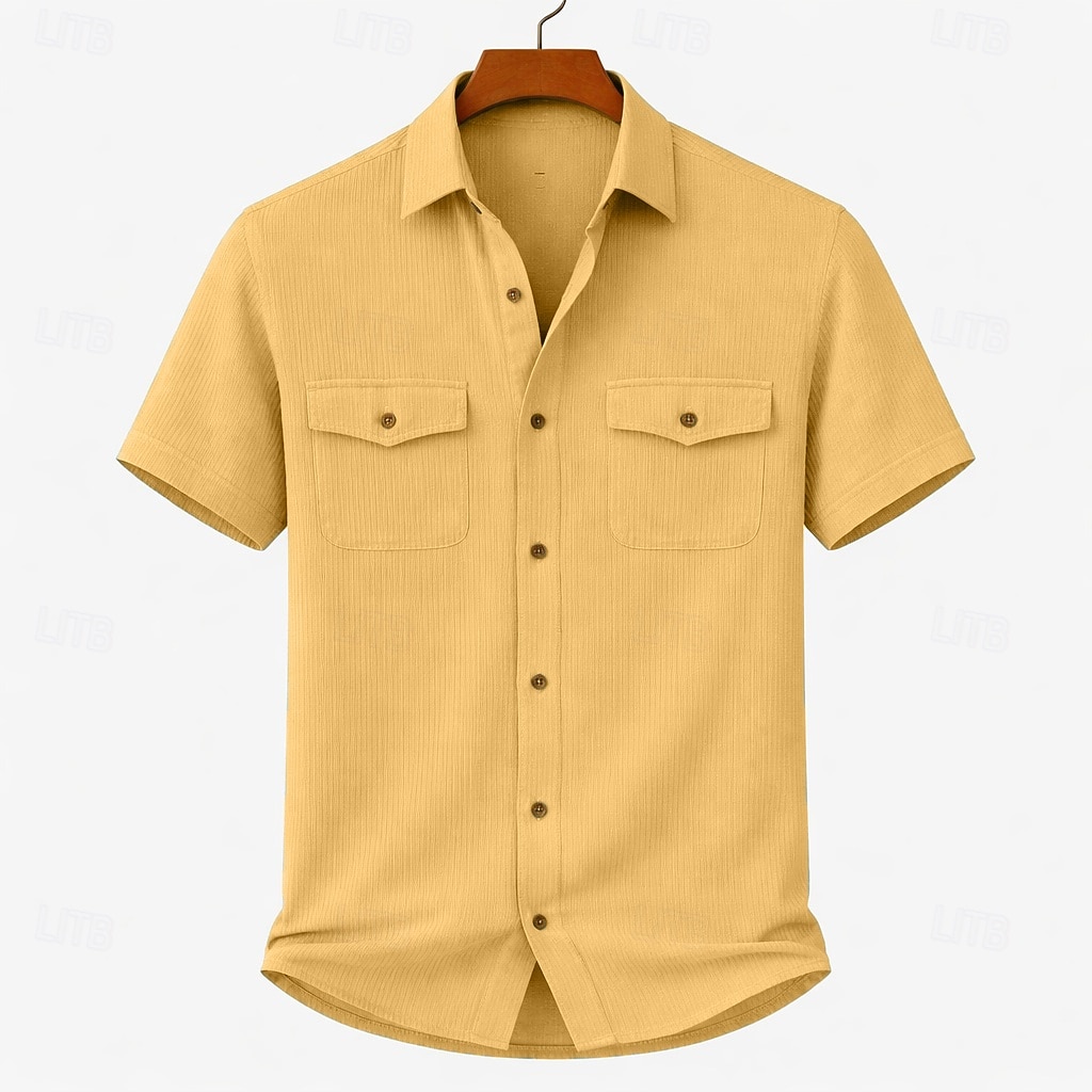 Men's Shirt Casual Shirt Corduroy Shirt Button Up Shirt Black White Yellow Navy Blue Brown Short Sleeve Plain Shirt Collar Casual Daily Front Pocket Clothing Apparel Elegant Fashion Casual 2026 - $24.99 –P8