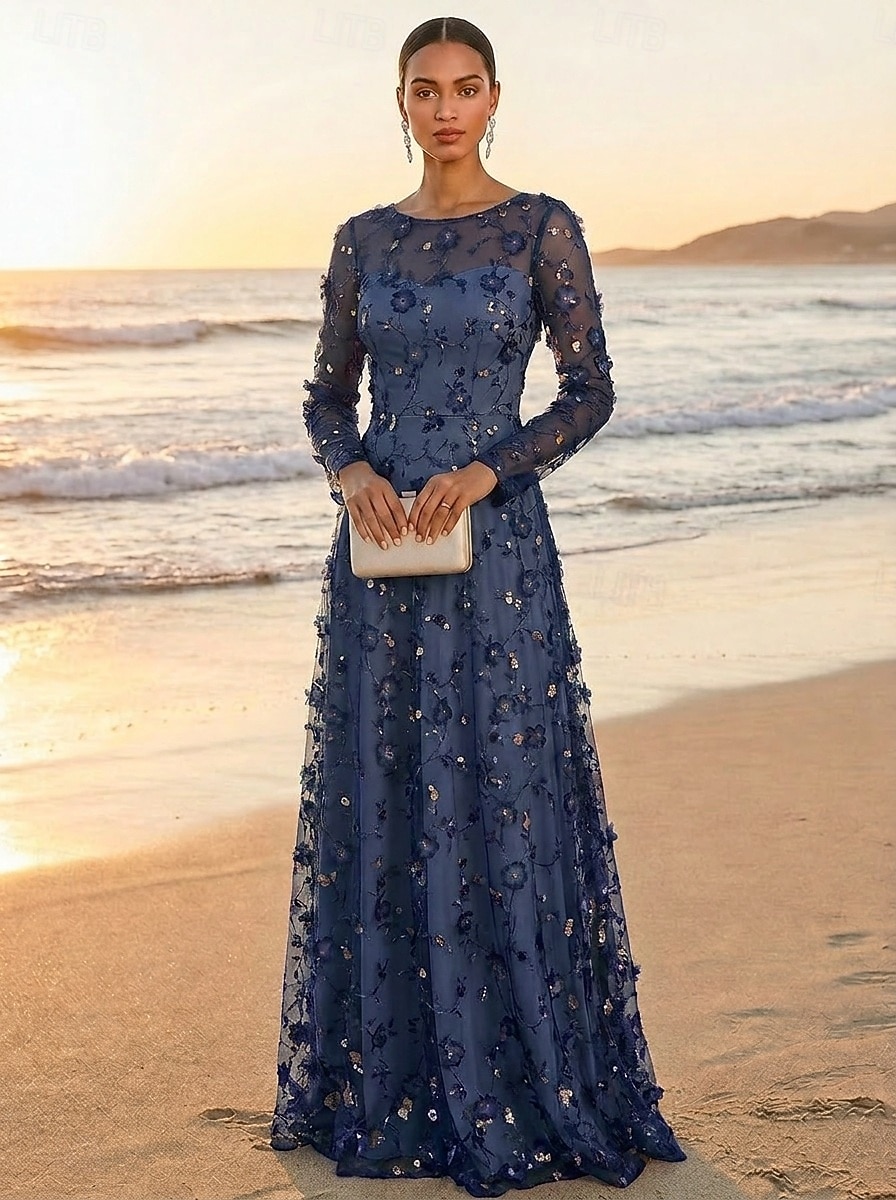A-Line Dress Floor Length Party Dress Cocktail Dress Mother of the Bride Dress Long Sleeve Crew Neck Elegant Vintage Luxurious Formal Wedding Guest Engagement Party Lace Tulle with 3D Flowers Pleats 2026 - $171.99 –P1