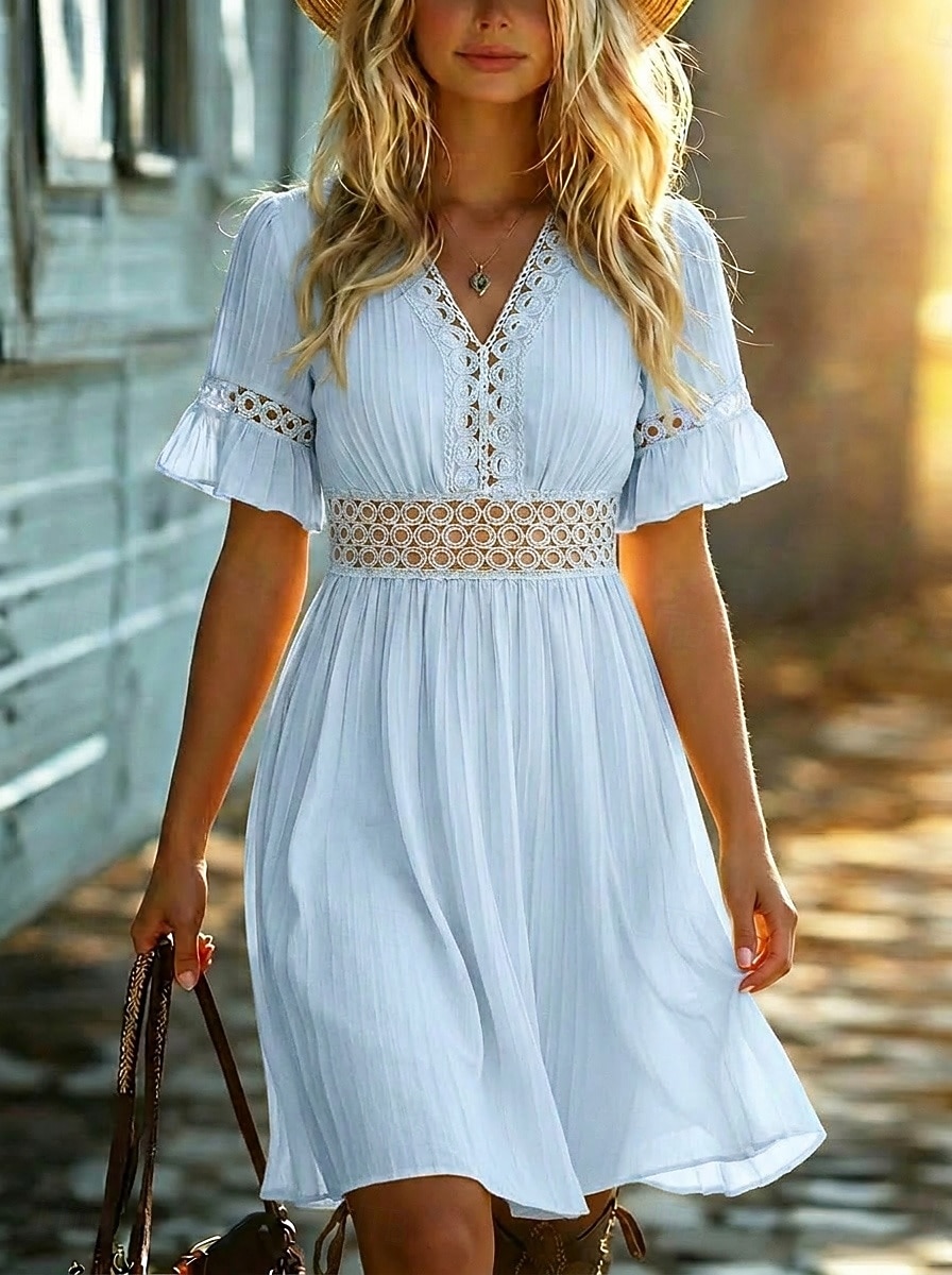 Women's Knee Length Dress Boho Dress Lace Dress Summer Dress Elegant Fashion Beach Vacation Regular Fit Plain Short Sleeve V Neck White Yellow Red Light Blue Summer Spring 2026 - $25.99 Women's Knee Length Dress Boho Dress Lace Dress Summer Dress Elegant Fashion Beach Vacation Regular Fit Plain Short Sleeve V Neck White Yellow Red Light Blue Summer Spring 2026 - $25.99