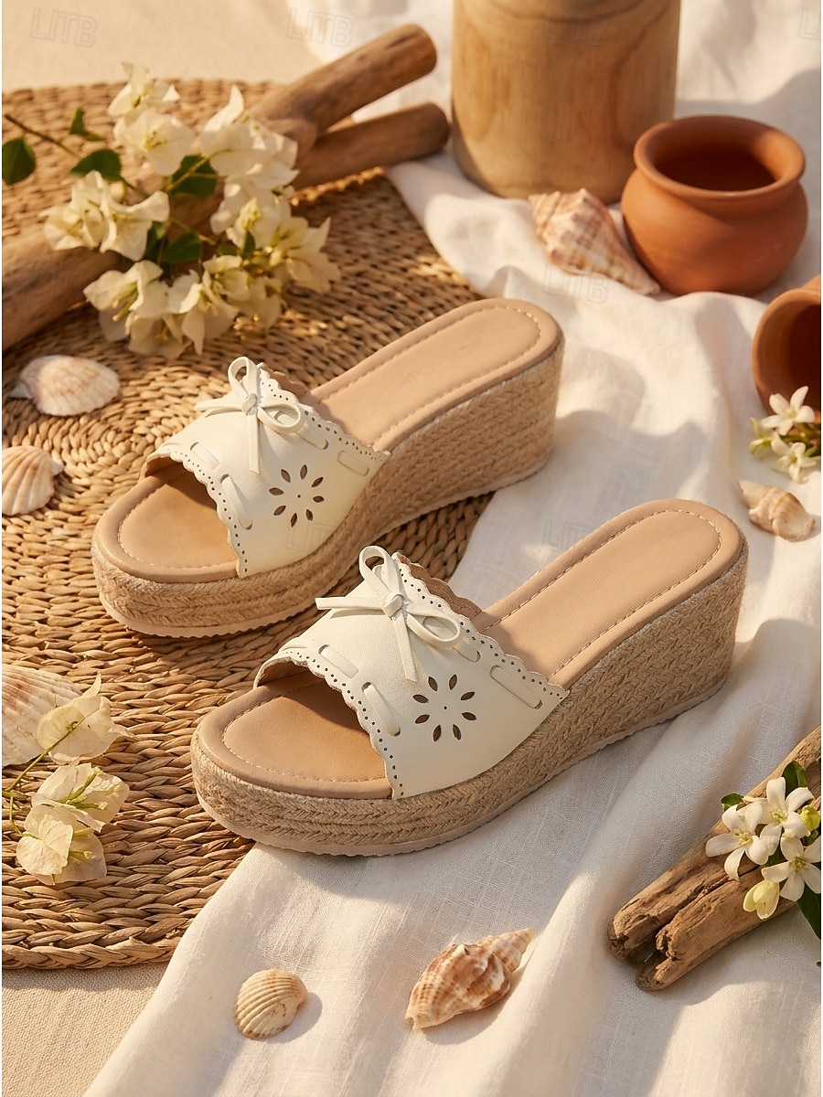 Hellblaue Espadrille-Keilsandalen für Damen – elegante, lasergeschnittene Pantoletten mit Schleifendetail für luxuriöse Kreuzfahrten und sommerliche Deckpartys &tropische Resortbekleidung 2026 - $32.99 –P3
