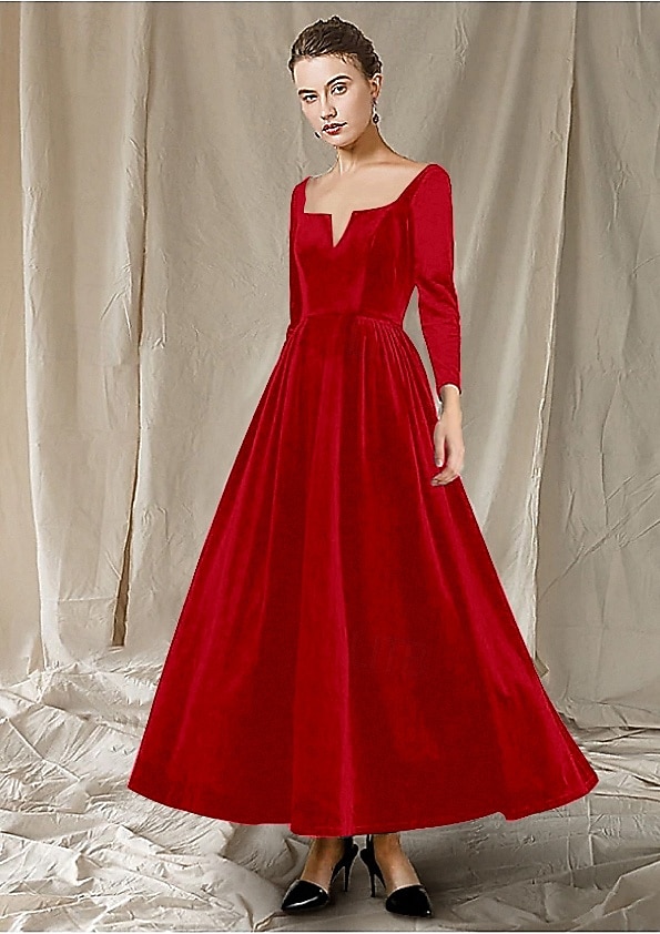 Ligne A Longueur cheville Robe de Soirée Robe de Cocktail Robe d'invité de mariage Robe de Mère de Mariée  manche longue Col en V Élégant robe demoiselle d honneur Fête de mariage Velours avec Plis de 2026 ? $160.99 –P9