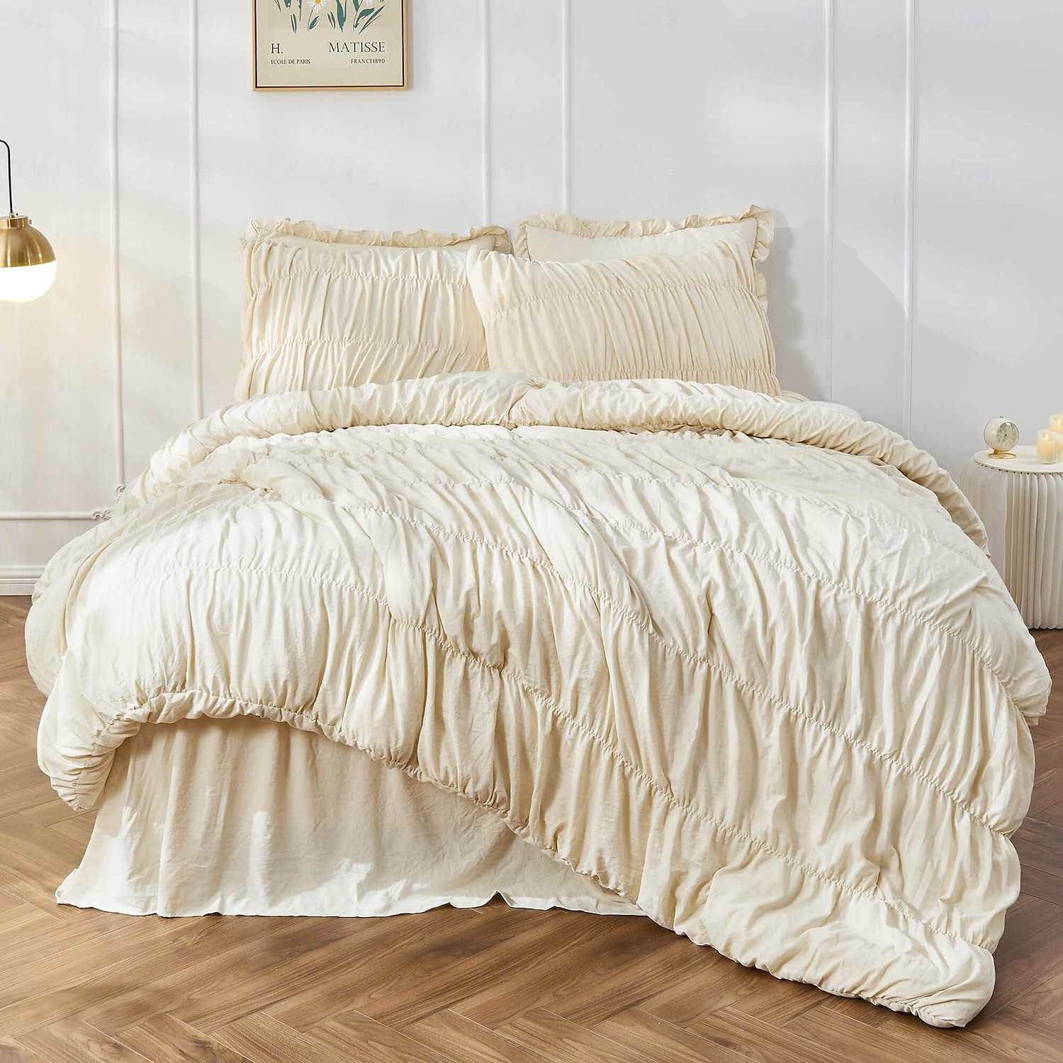 Bettwäsche-Set (Queen-Size) – geraffte Steppdecke im Boho-Shabby-Chic-Stil fürs Schlafzimmer, flauschiges 3-teiliges Set mit Kissen, weiche weiße Bettwäsche 2026