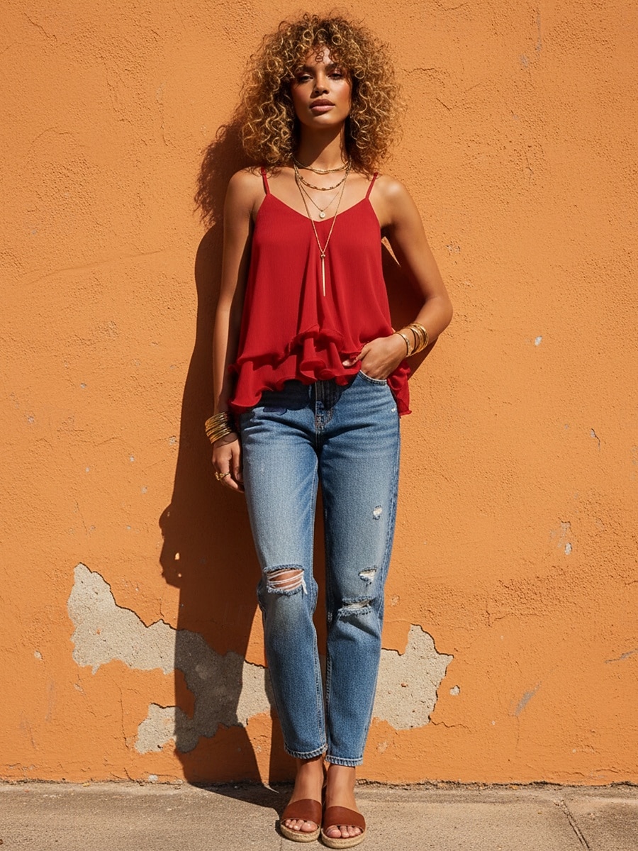 Top de tirantes para mujer con volantes, estilo boho chic, de gasa, sin mangas, crop tops casuales, azul claro, negro, blanco, rojo, morado, verano 2026 - $23.99 –P3