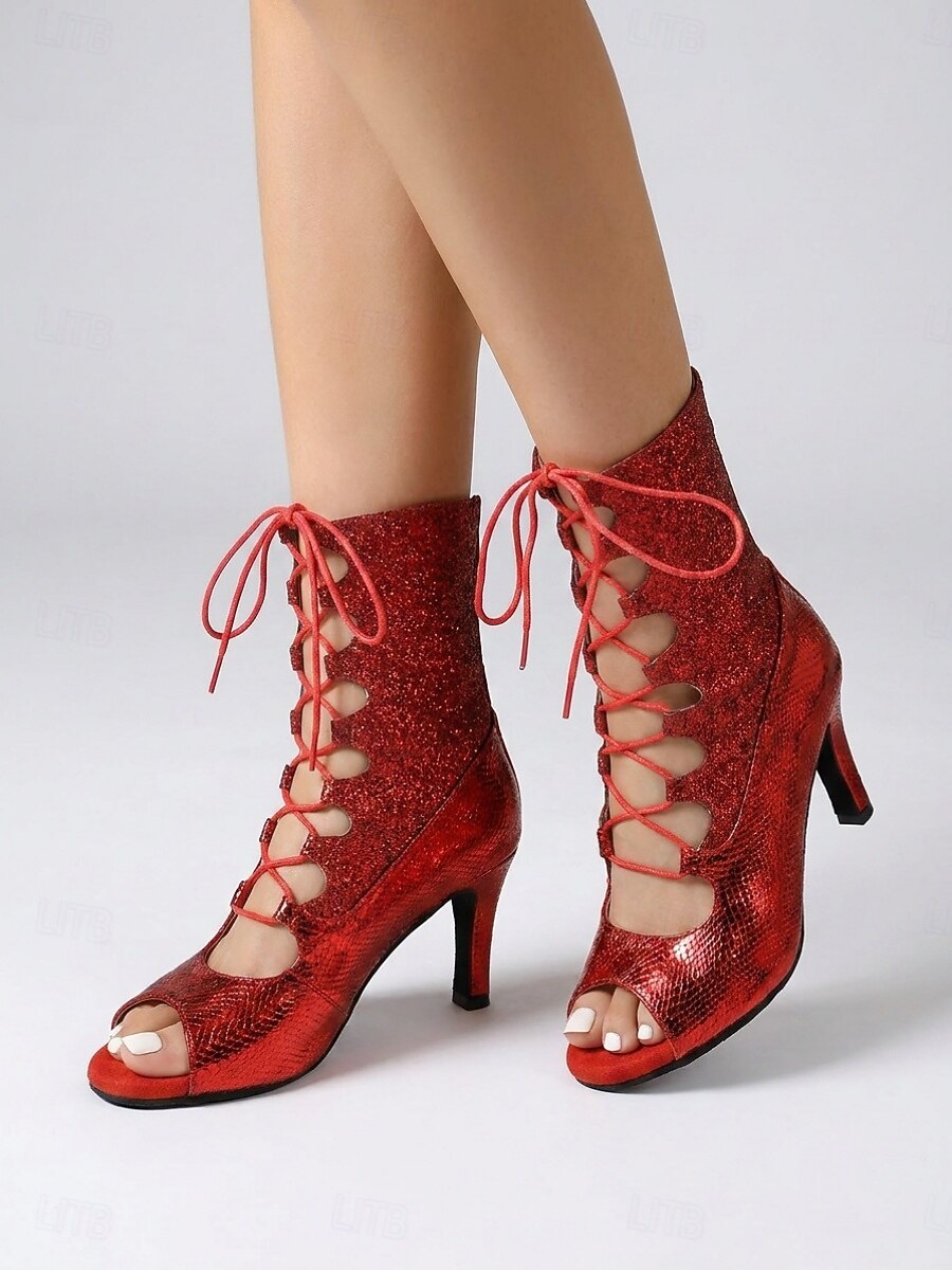Botas de dança latina femininas vermelhas com glitter – sapatos de salto alto com cadarço e bico aberto para salsa e dança de salão. &dança de tango de 2026 por $64.99 –P4