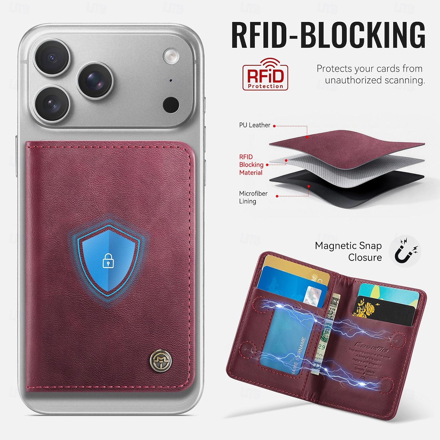 Carteira magnética para iPhone 17, 16, 15, 14, 13 Pro Max e Plus, compatível com MagSafe, com bloqueio RFID, feita em couro PU e fecho magnético. Possui um compartimento fino e removível para cartões de 2026 por $12.99 –P8