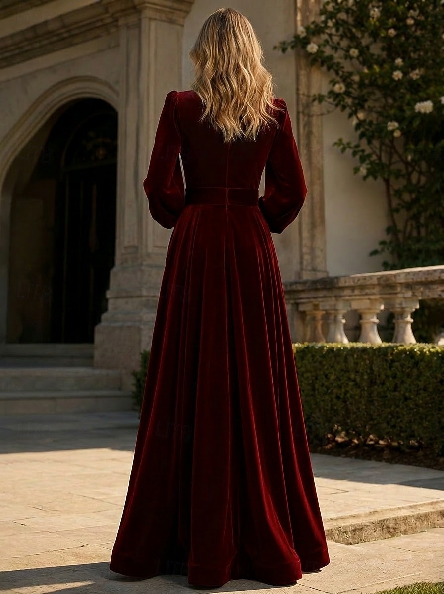 Abito da sera A-Line rosso nero blu in velluto elegante formale per matrimonio autunnale lungo fino al pavimento con maniche lunghe scollo a V tasca con spacco tasca del 2026 a $195.99 –P2